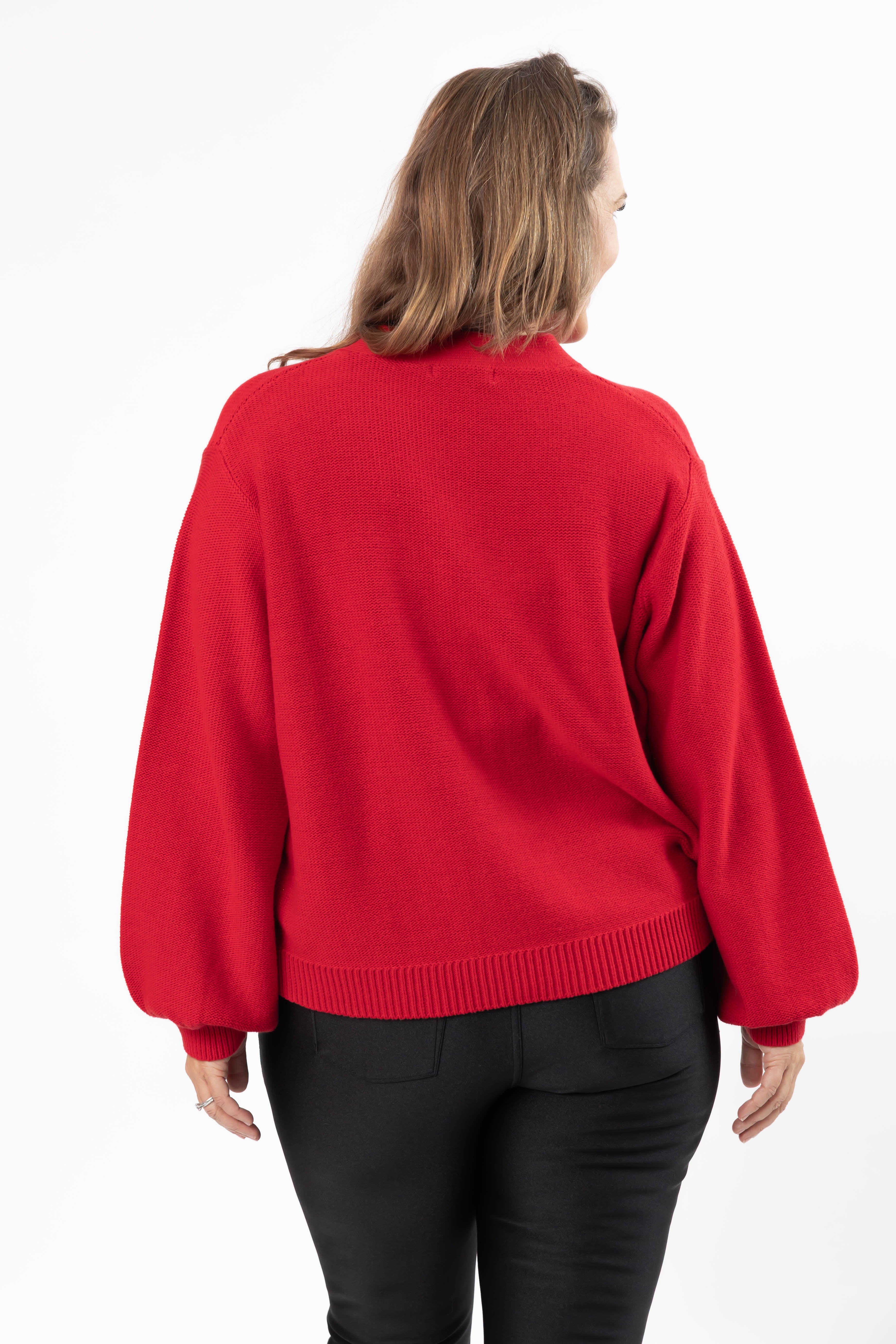 S+T x Fallon Farinacci Satin Bow Cardigan in Red/Cream