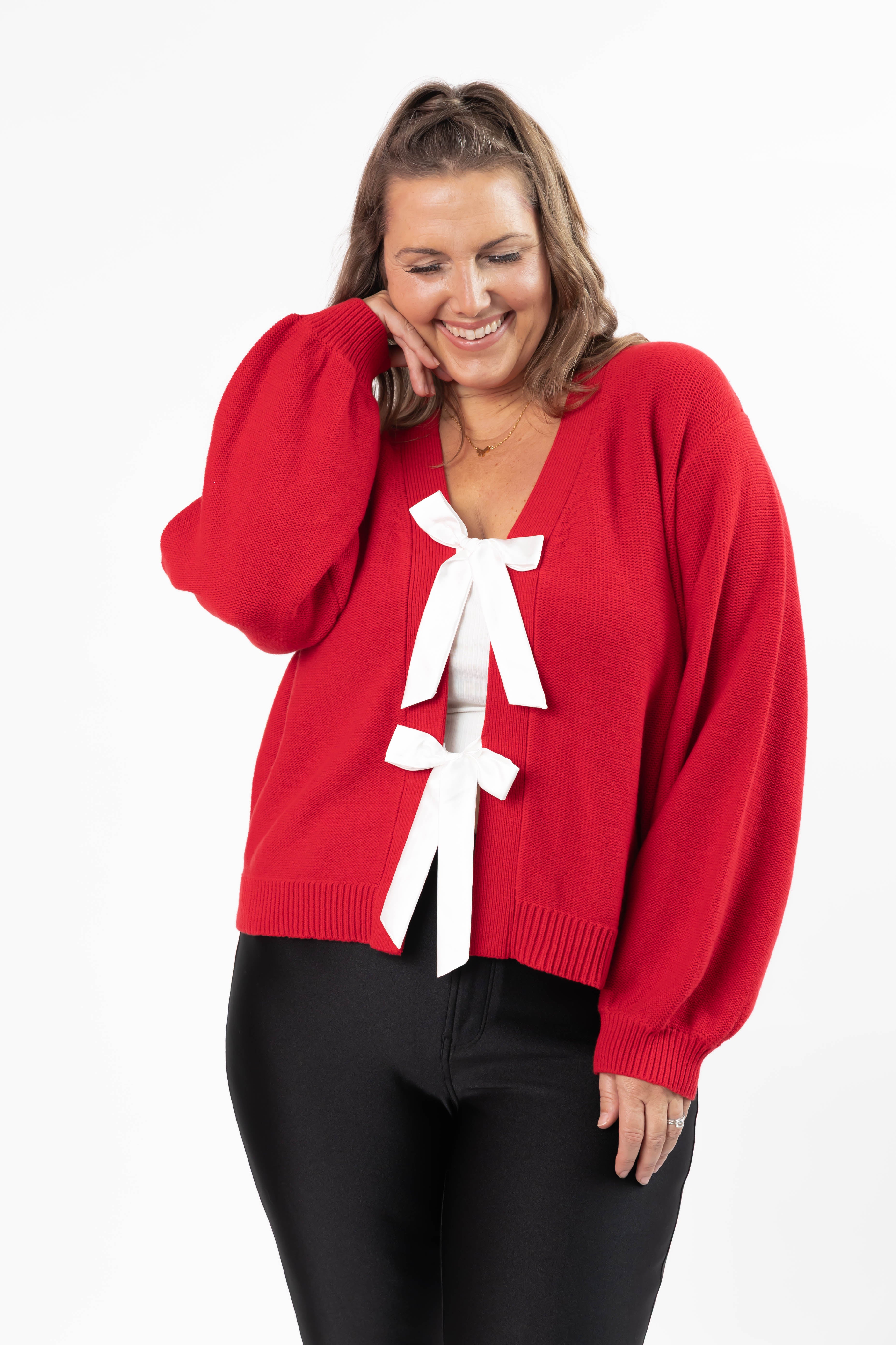 S+T x Fallon Farinacci Satin Bow Cardigan in Red/Cream
