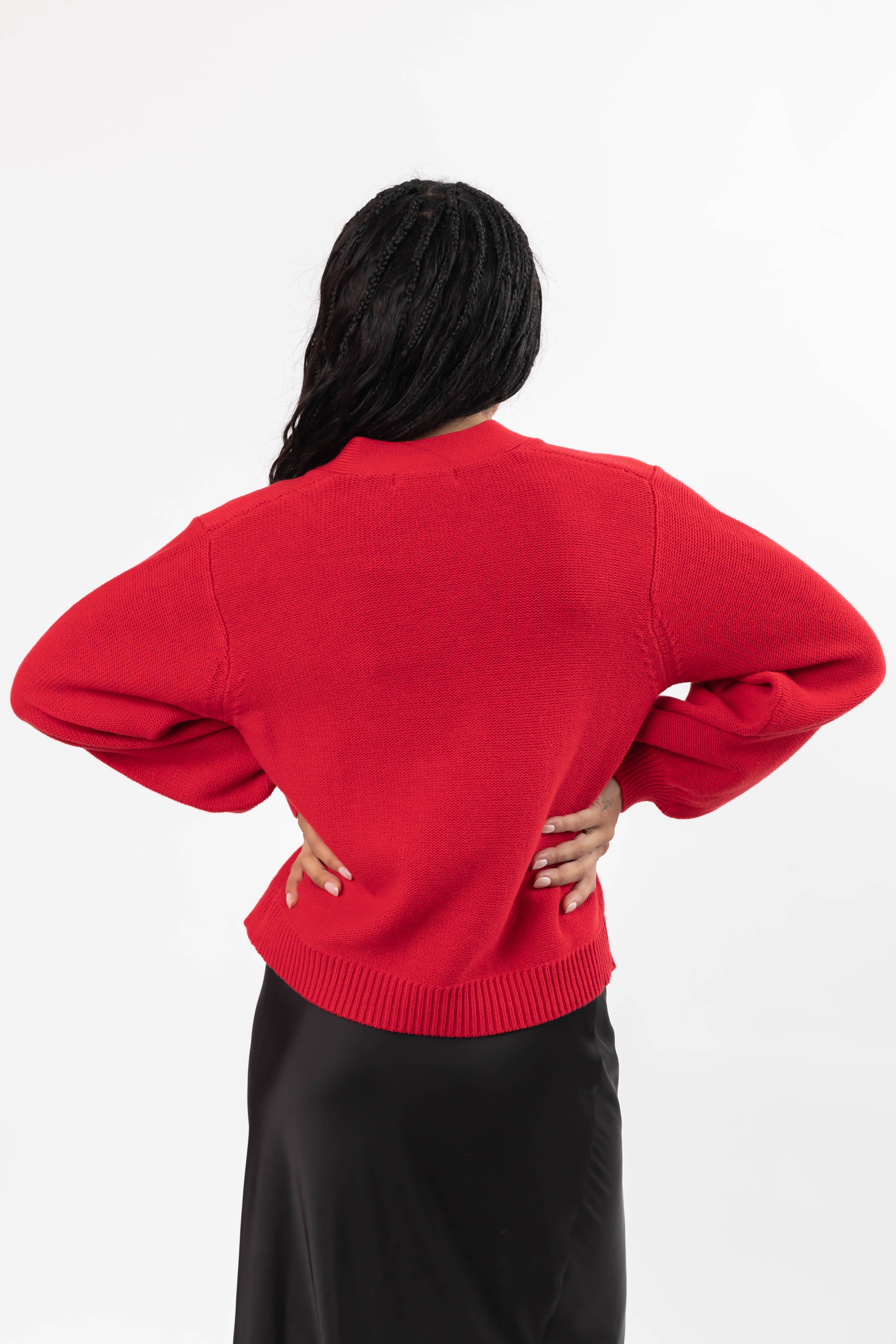 S+T x Fallon Farinacci Satin Bow Cardigan in Red/Cream