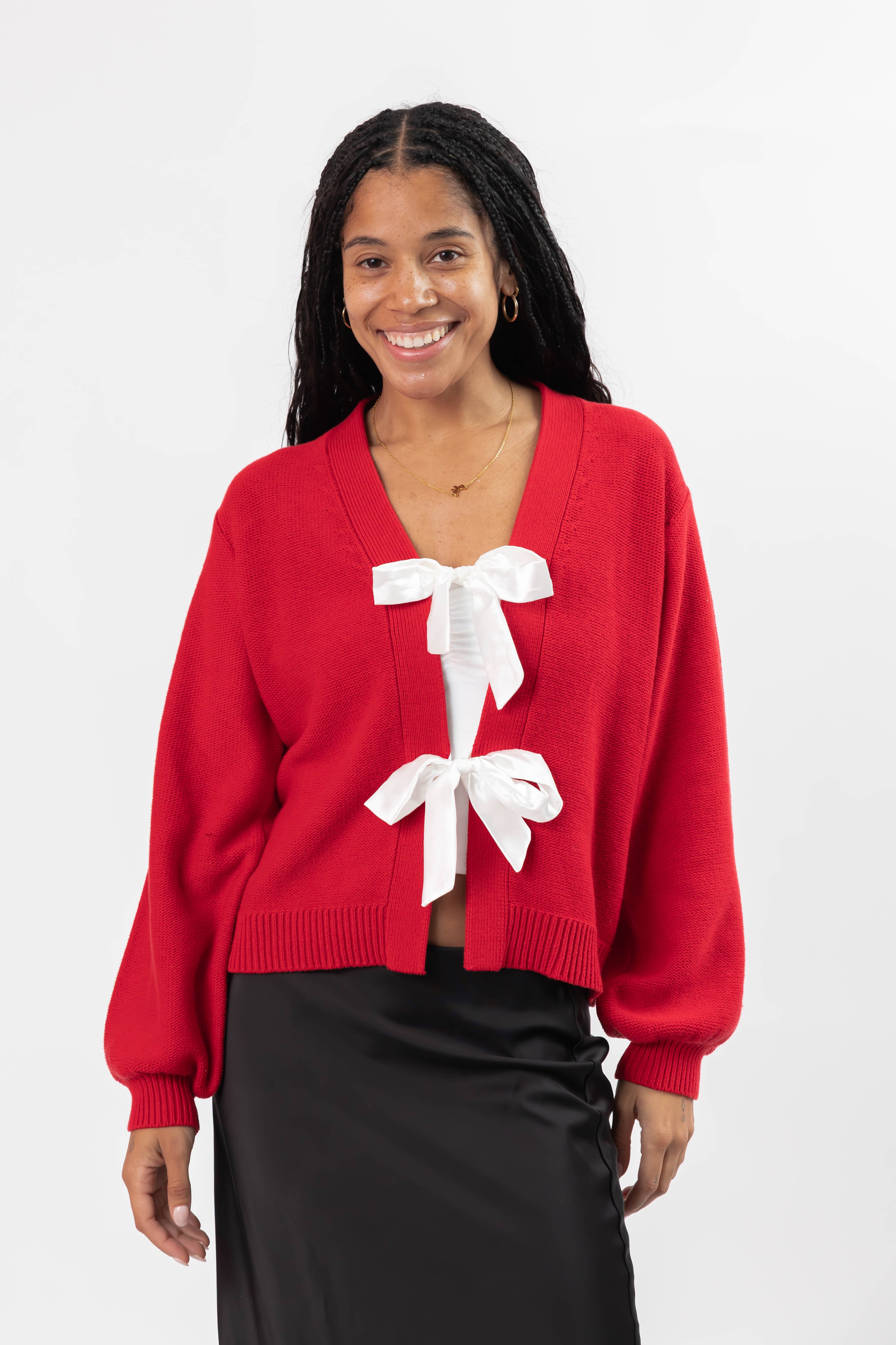 S+T x Fallon Farinacci Satin Bow Cardigan in Red/Cream