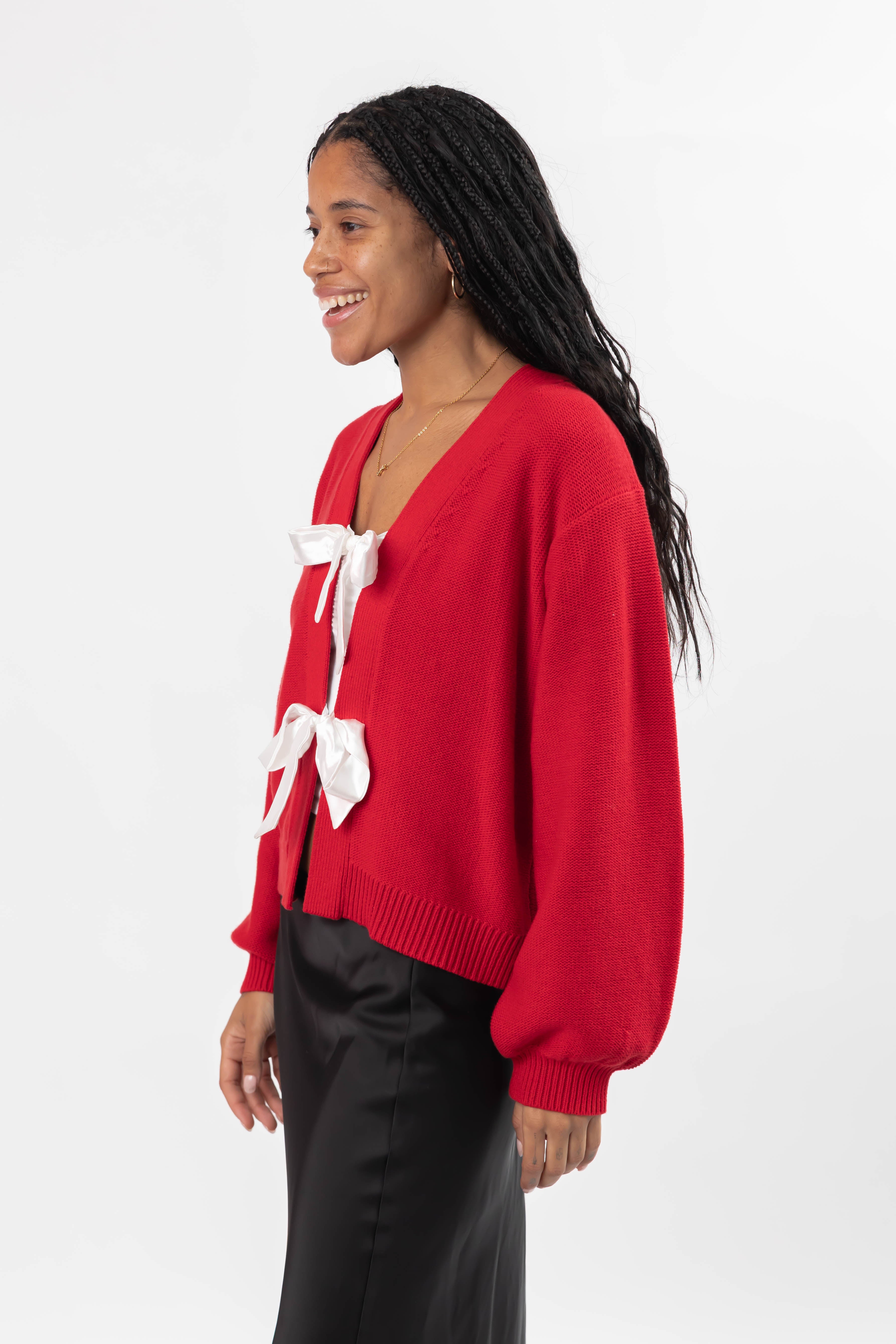 S+T x Fallon Farinacci Satin Bow Cardigan in Red/Cream