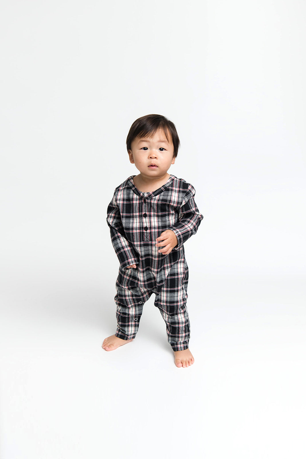 Baby Remy Henley Romper in Black Plaid