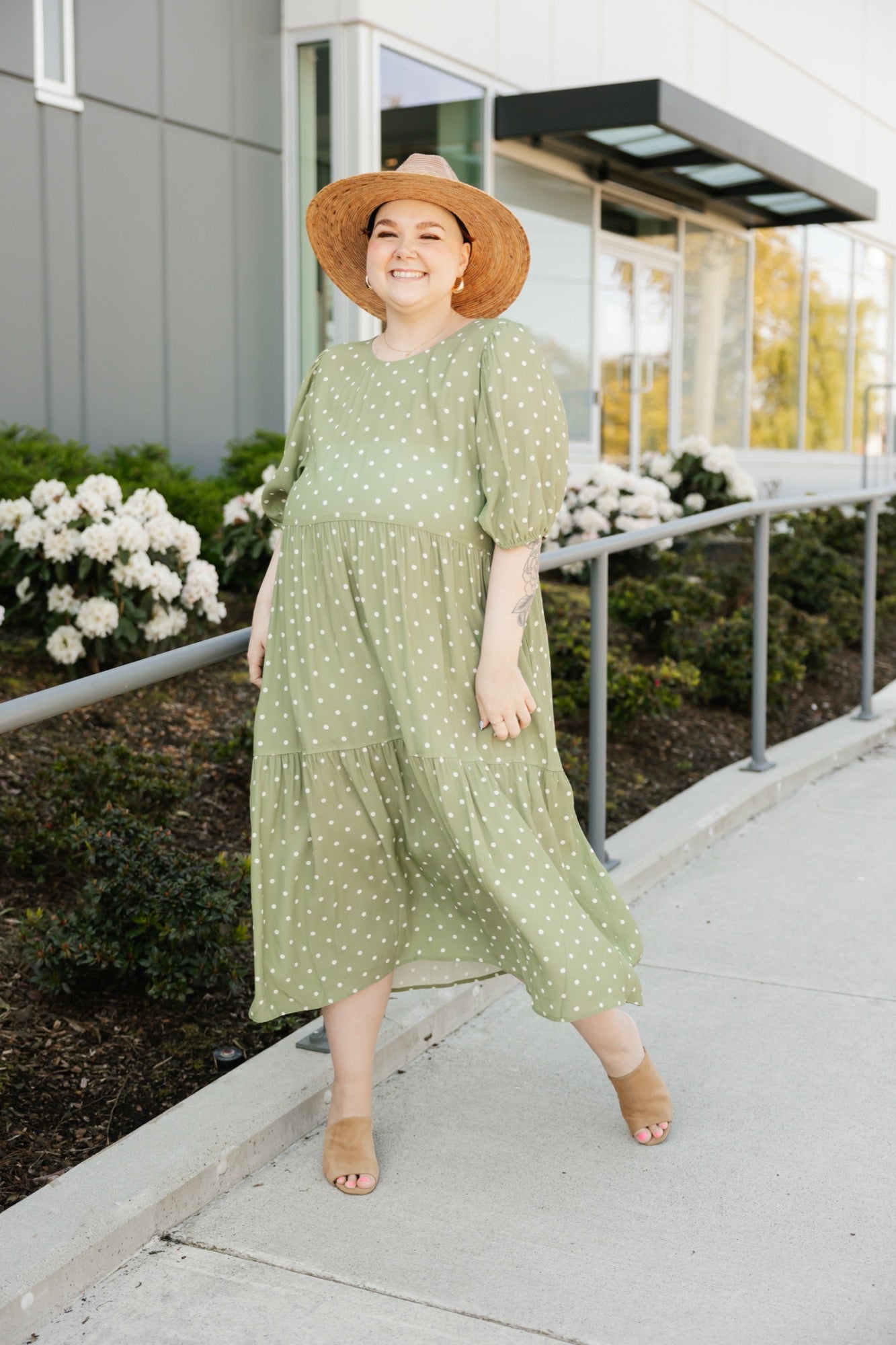 Boardwalk Maxi Dress in Green/Cream Polka Dot
