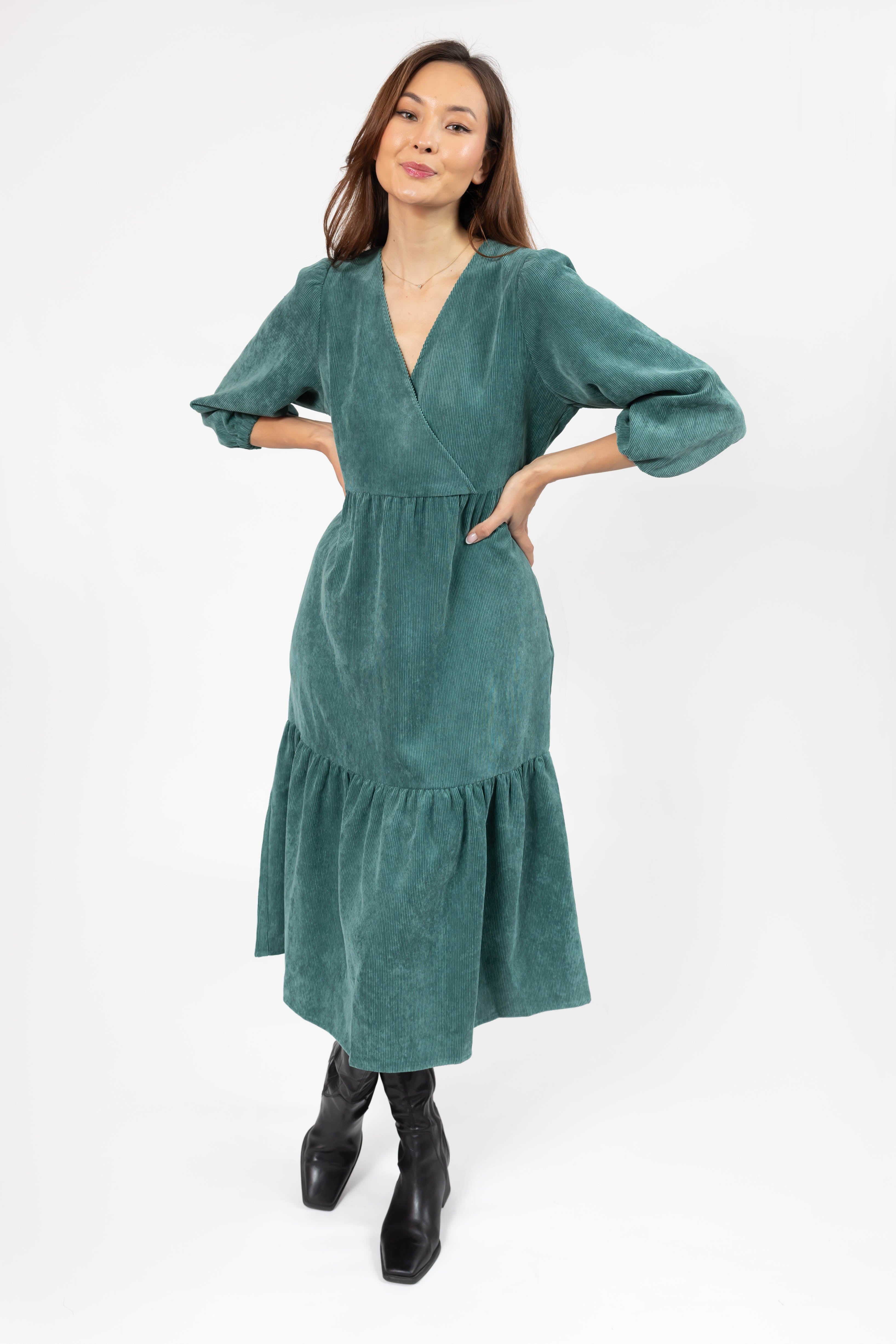 Calista Corduroy Midi Dress in Posy Green