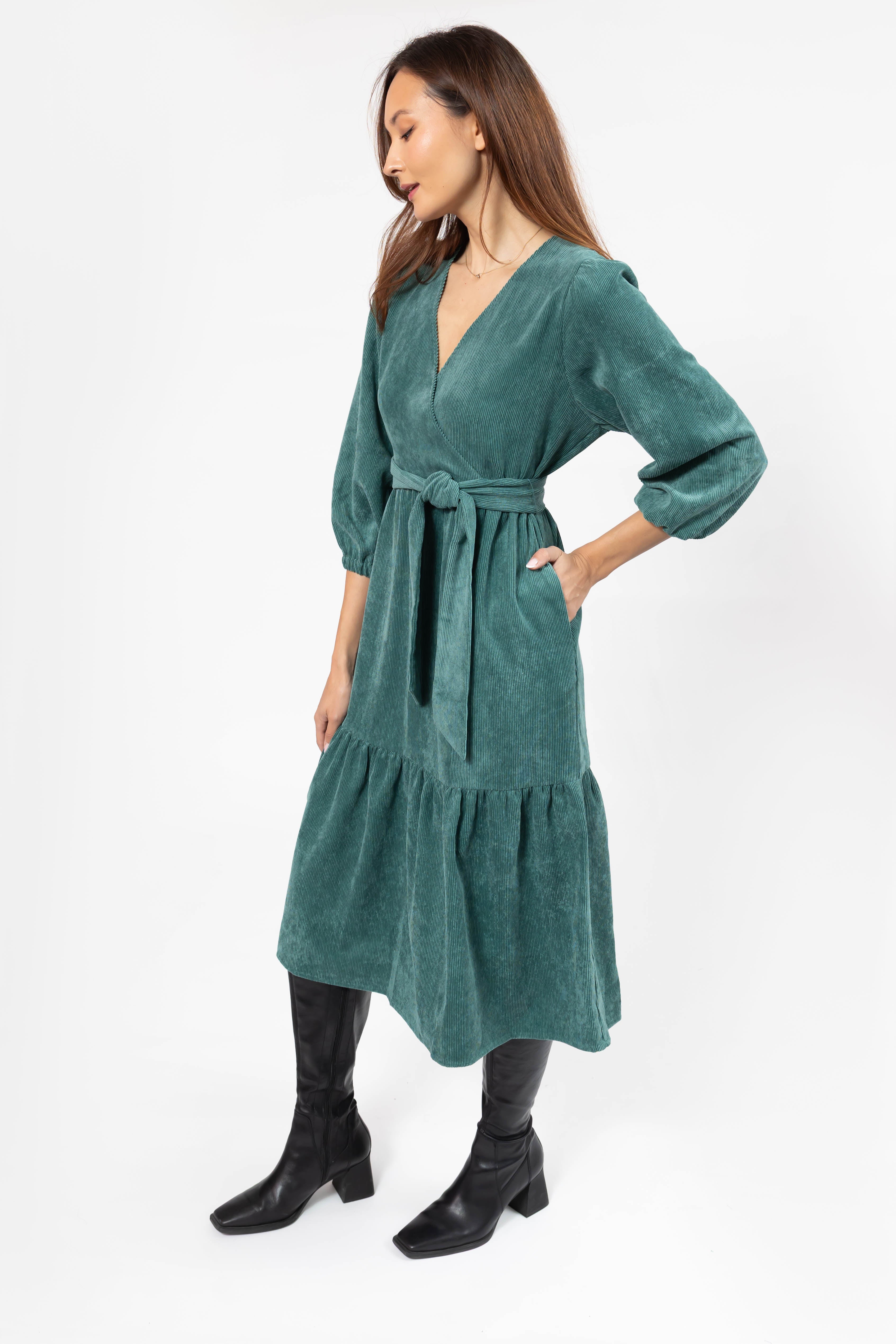 Calista Corduroy Midi Dress in Posy Green – Smash + Tess