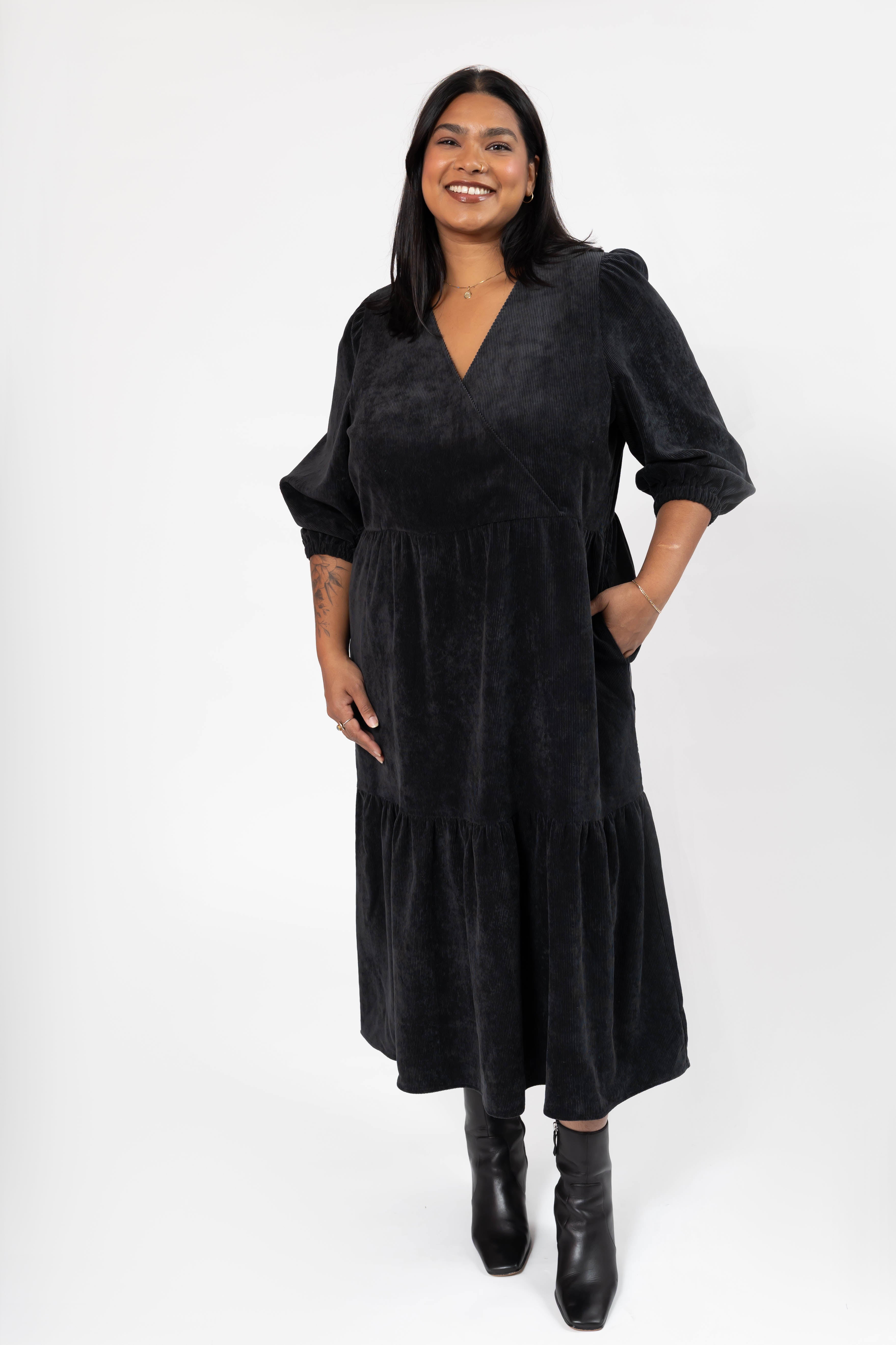 Calista Corduroy Midi Dress in Soft Black