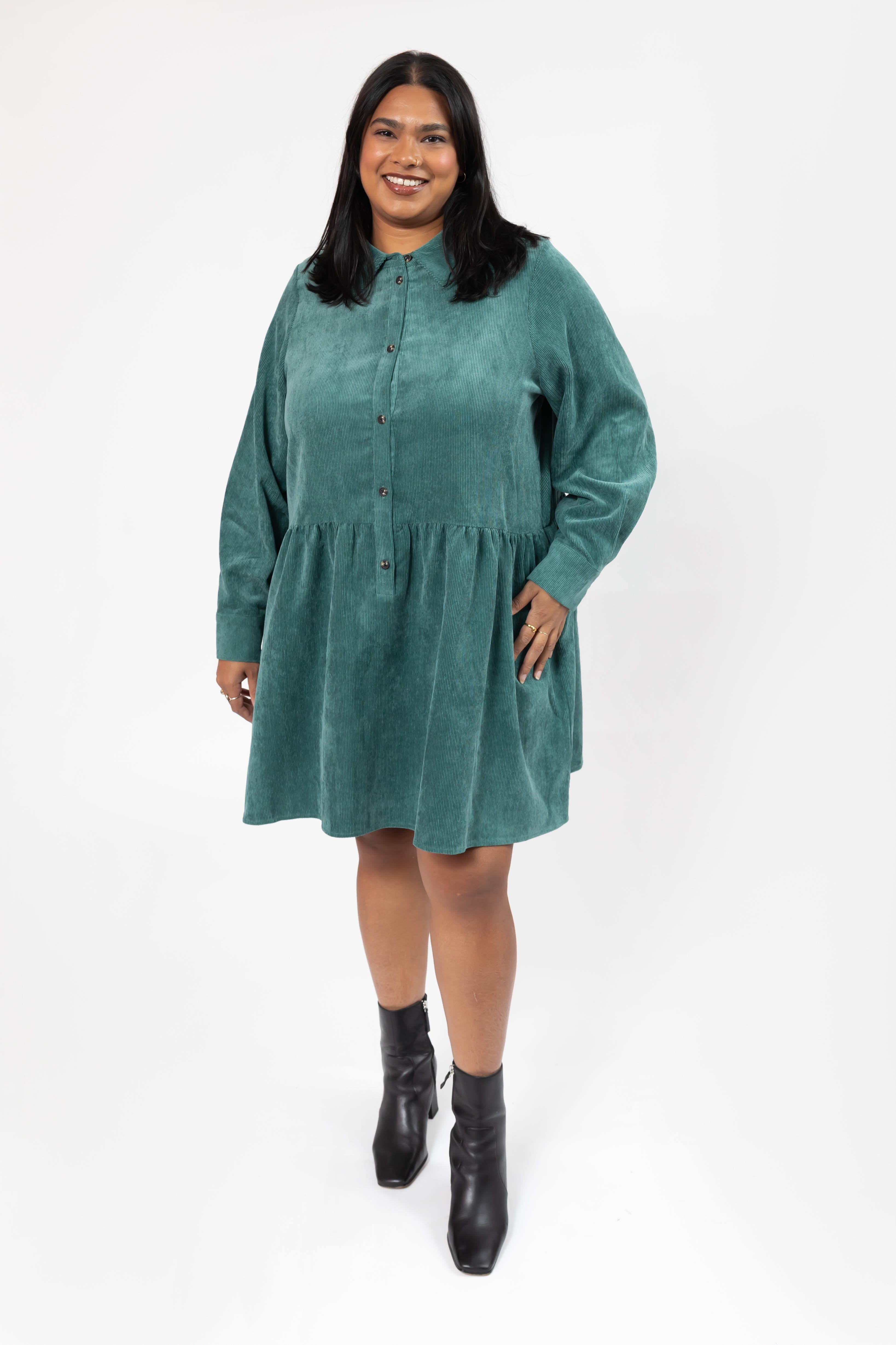 Calista Corduroy Mini Dress in Posy Green