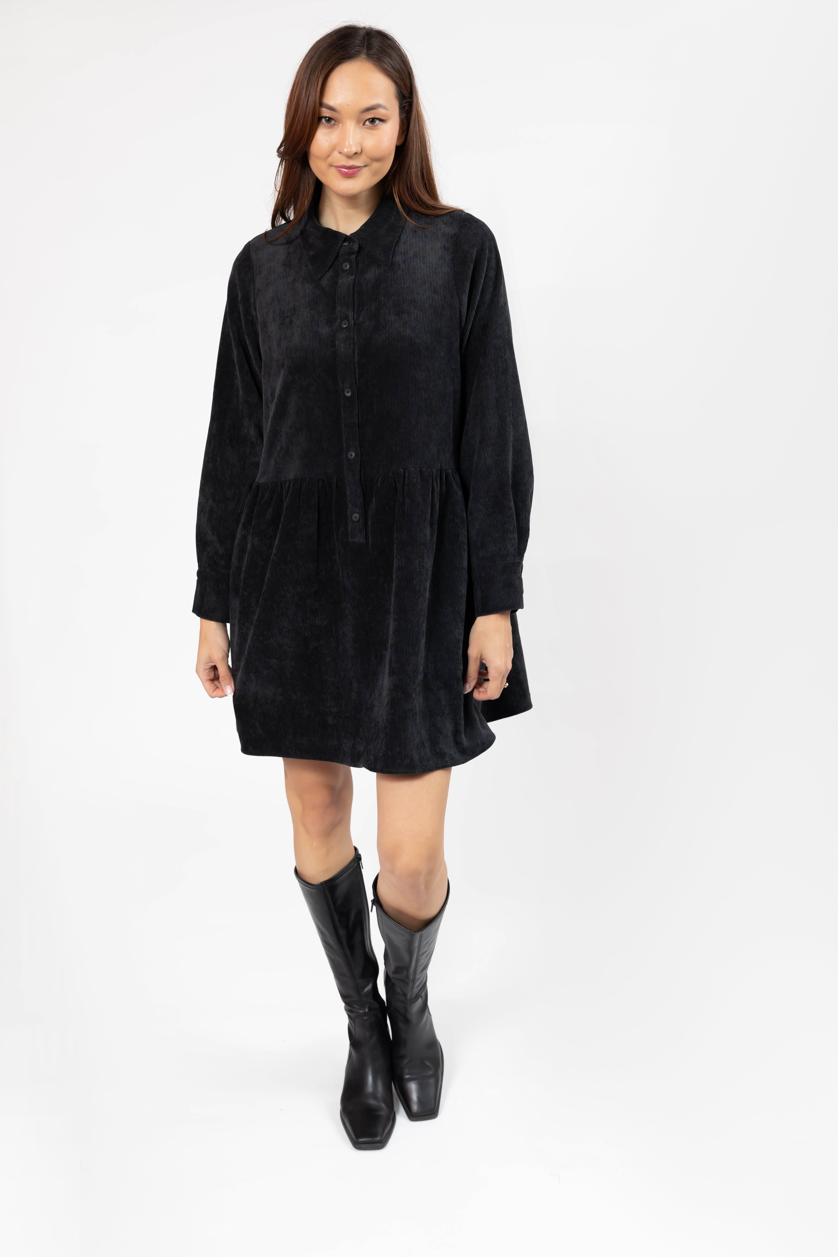 Calista Corduroy Mini Dress in Soft Black