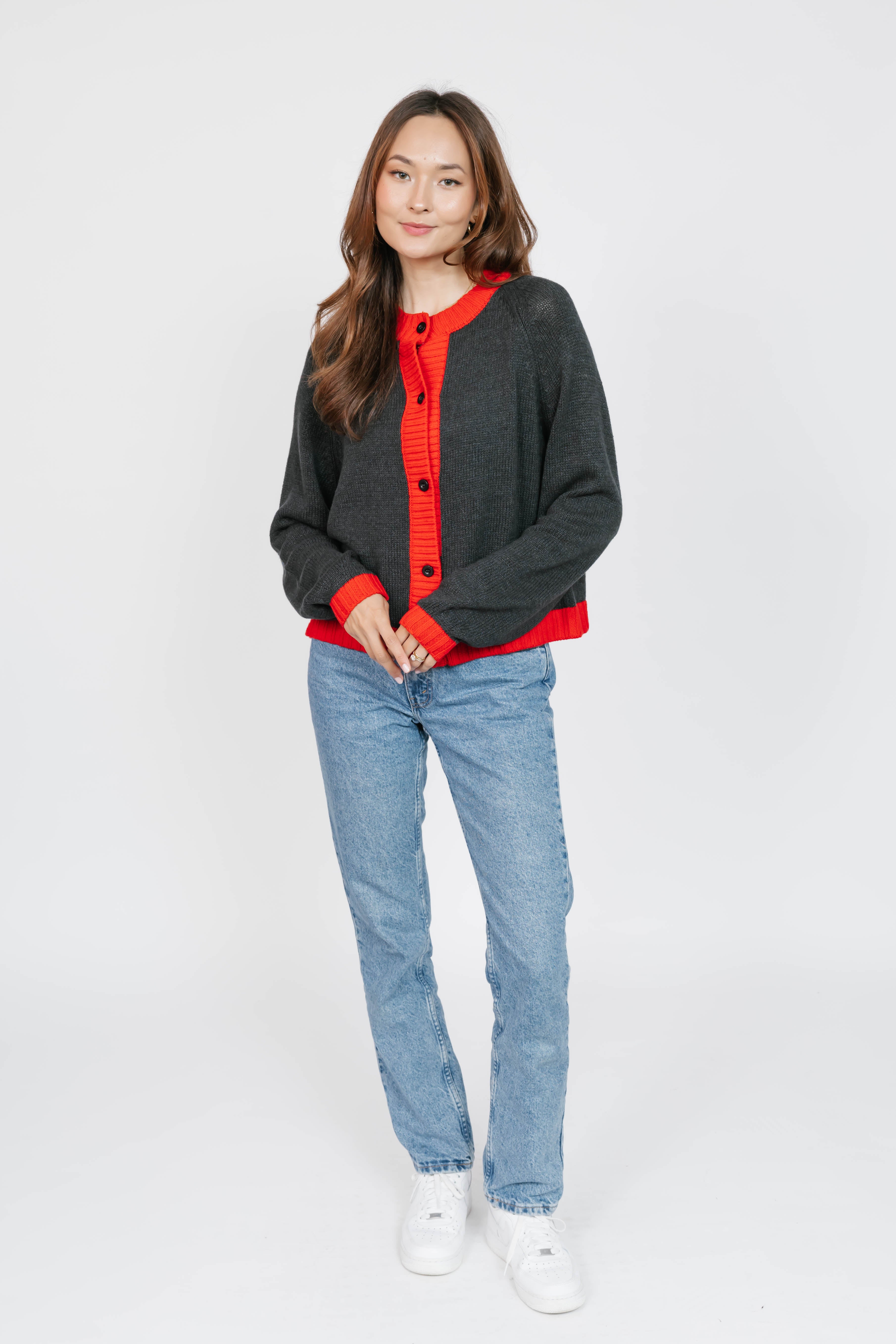 Cameron Colour Block Cardigan in Charcoal/Red