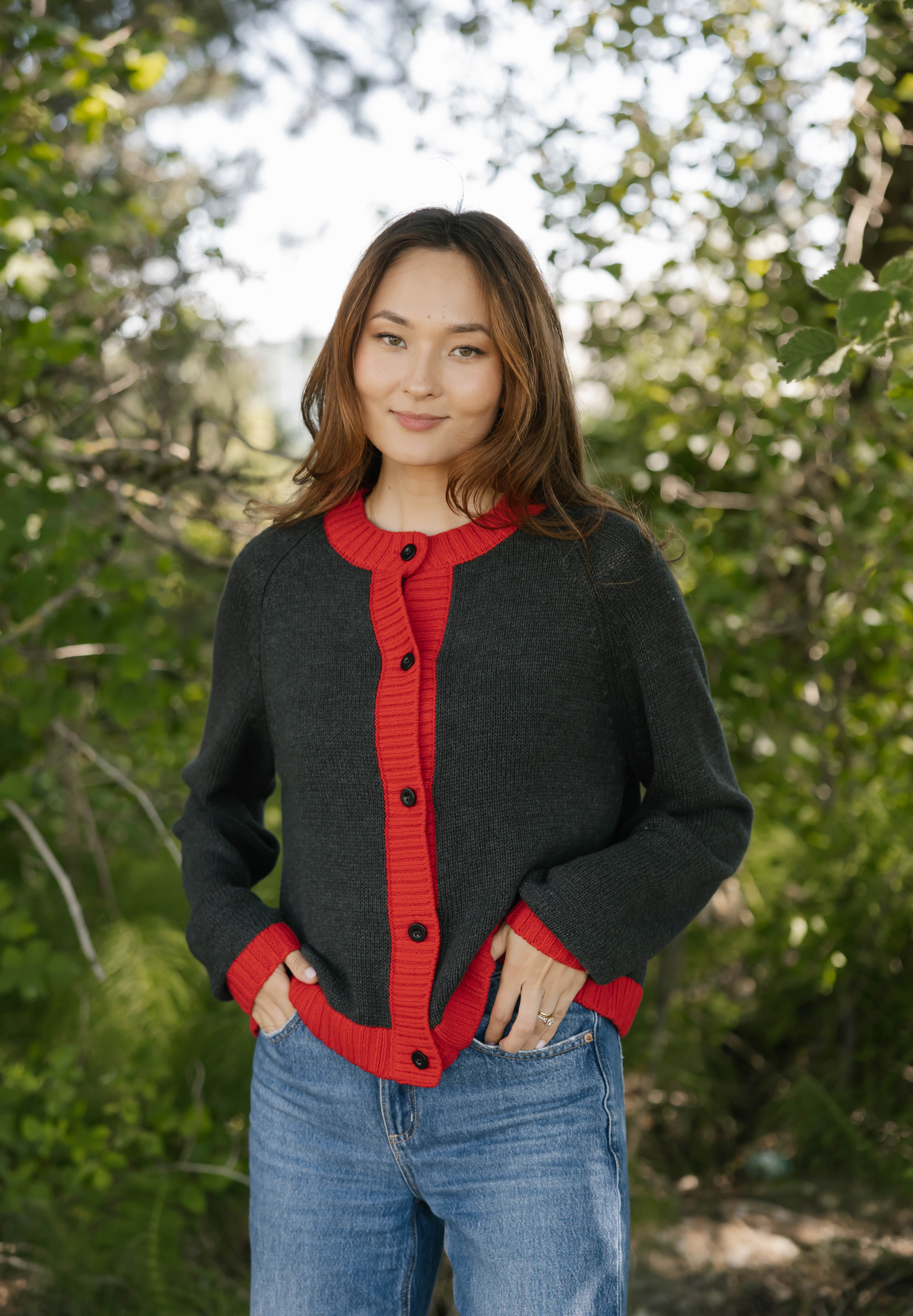 Cameron Colour Block Cardigan in Charcoal/Red