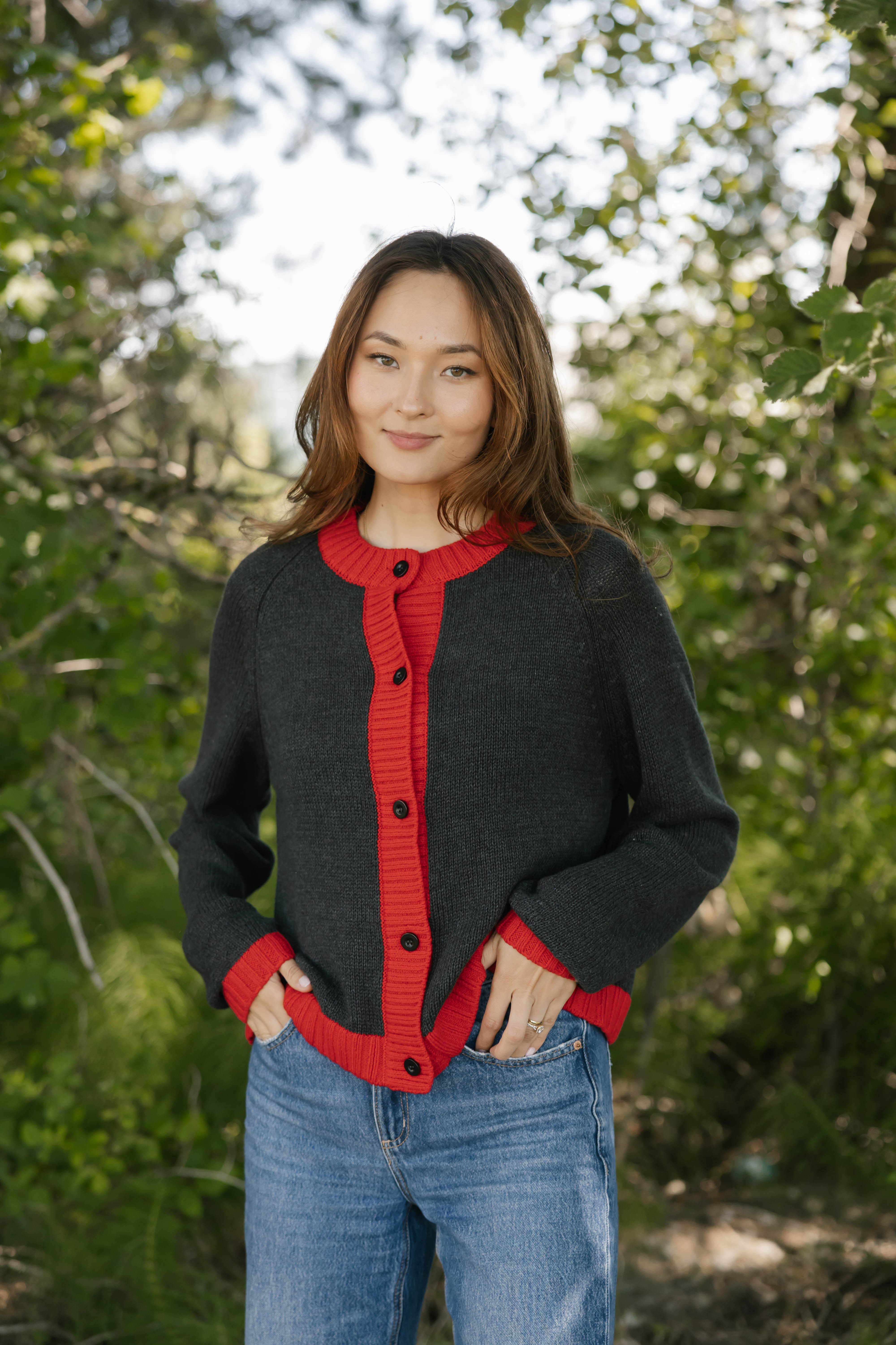 Cameron Colour Block Cardigan in Charcoal/Red