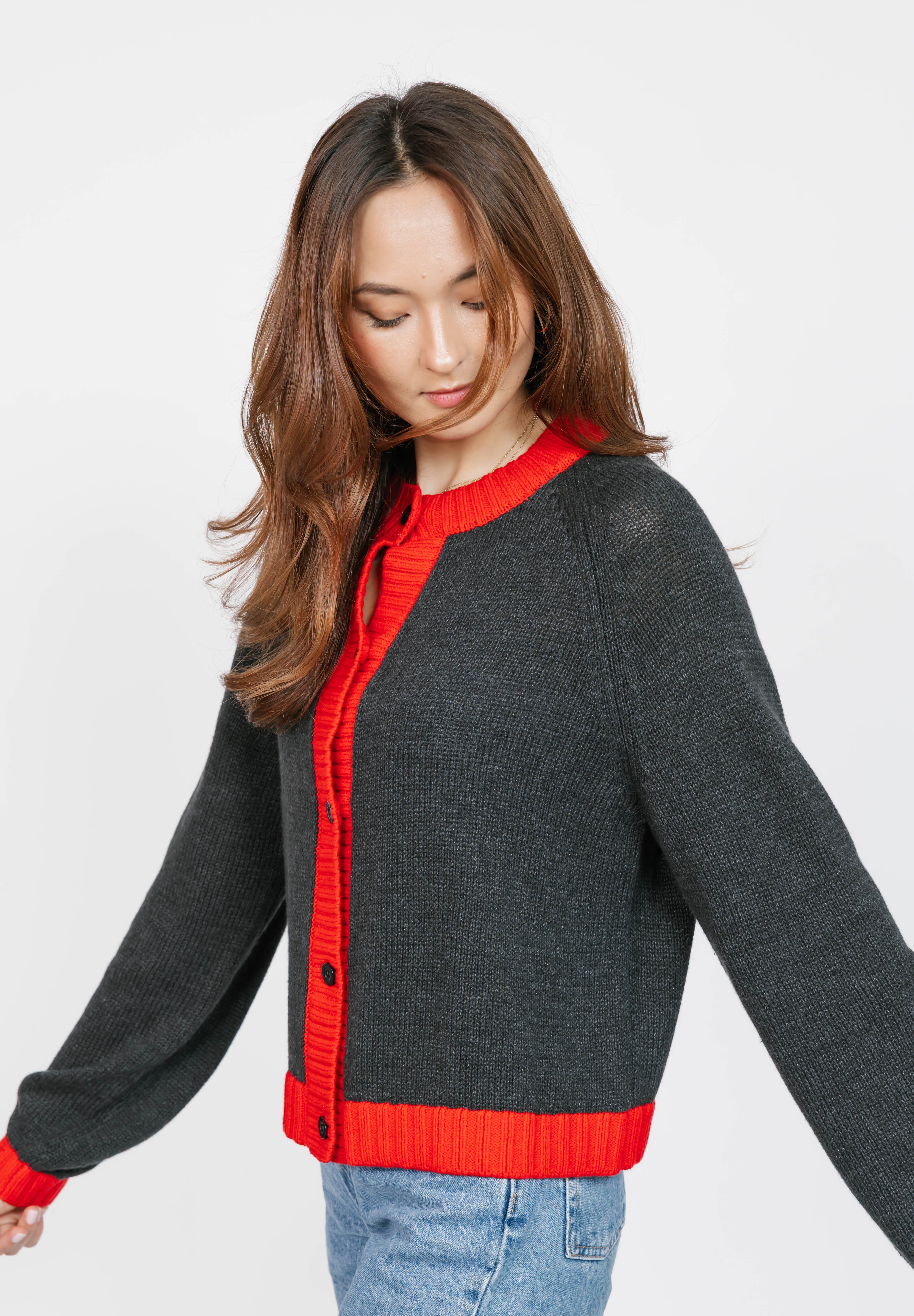 Cameron Colour Block Cardigan in Charcoal/Red
