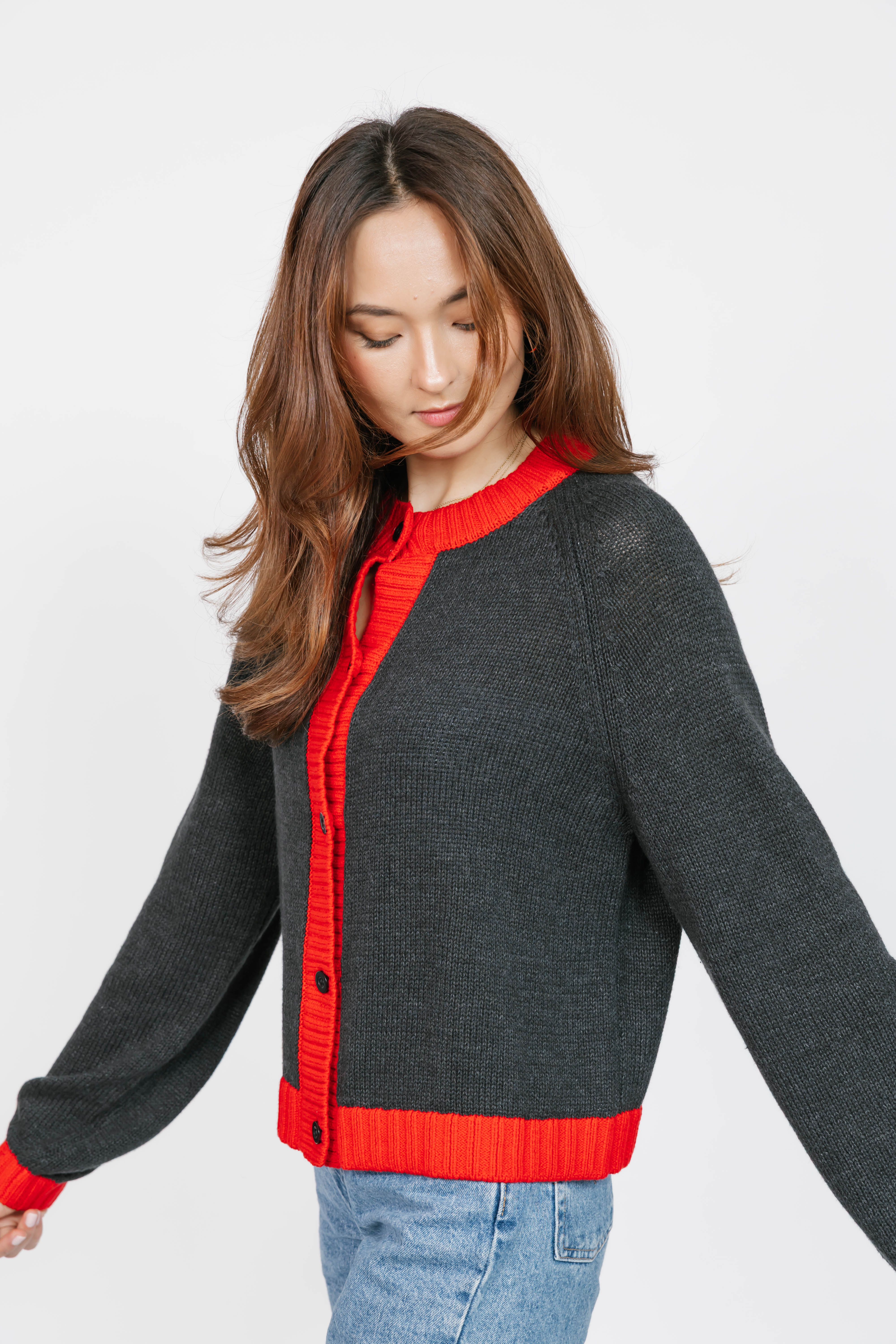 Cameron Colour Block Cardigan in Charcoal/Red
