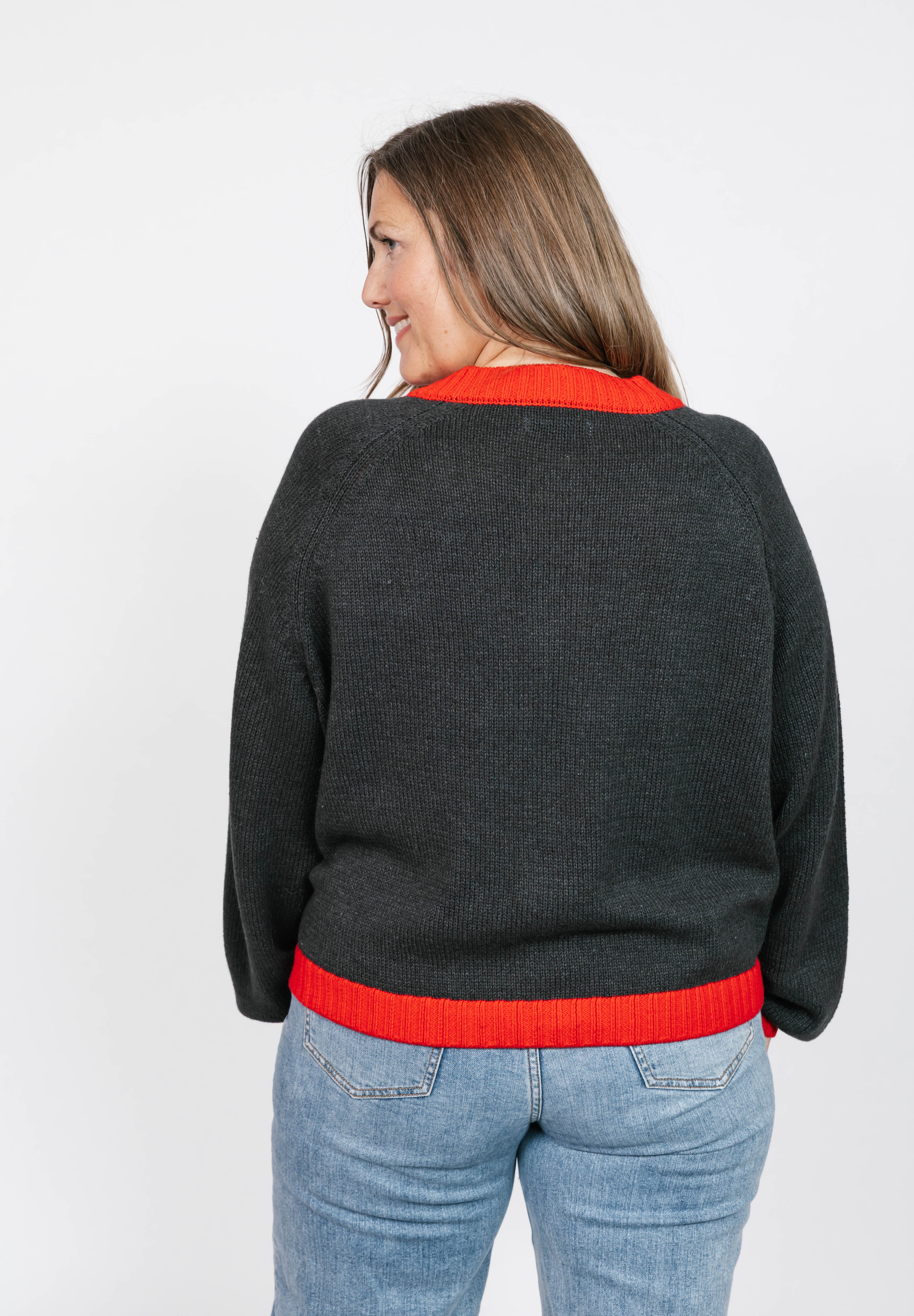 Cameron Colour Block Cardigan in Charcoal/Red