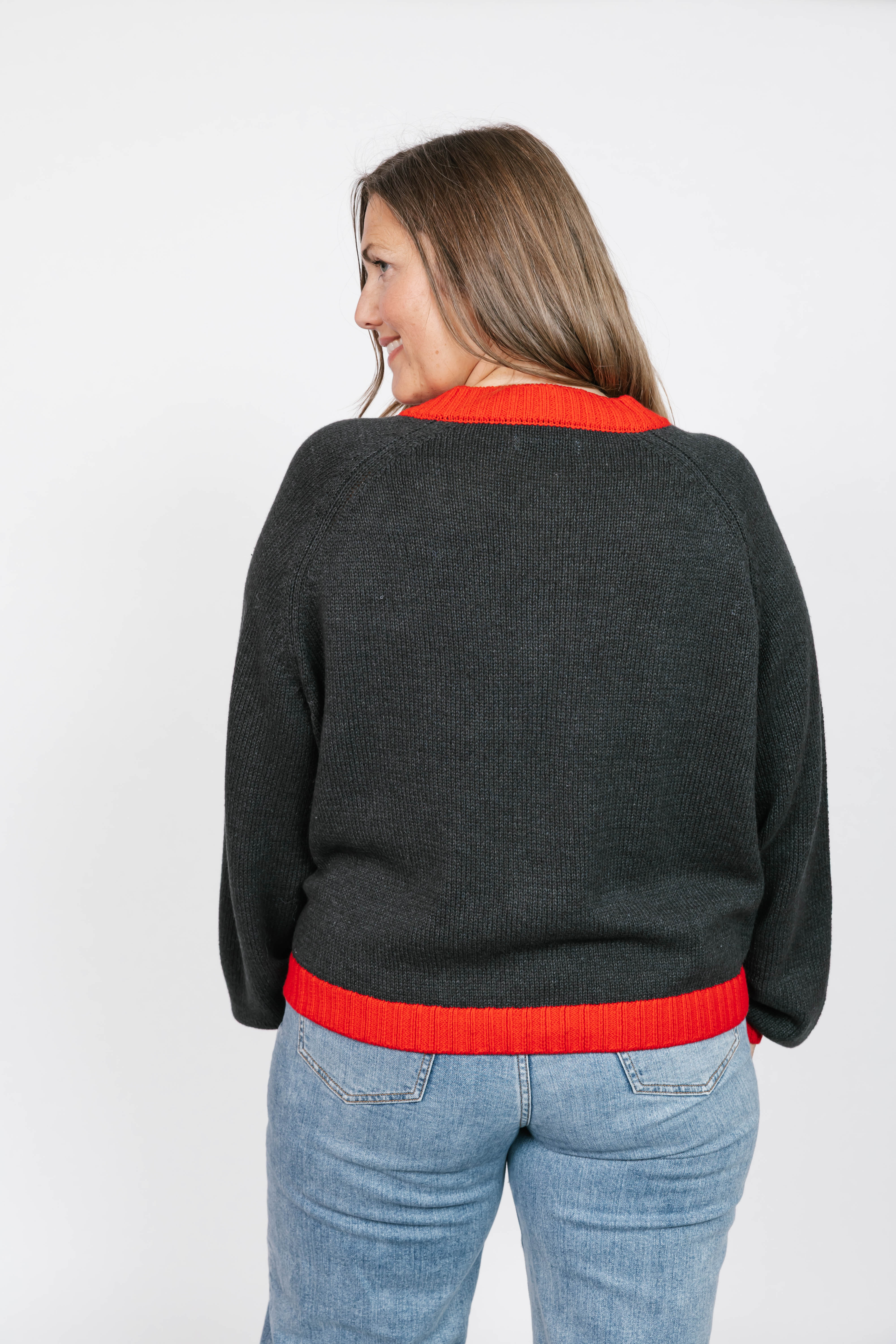 Cameron Colour Block Cardigan in Charcoal/Red