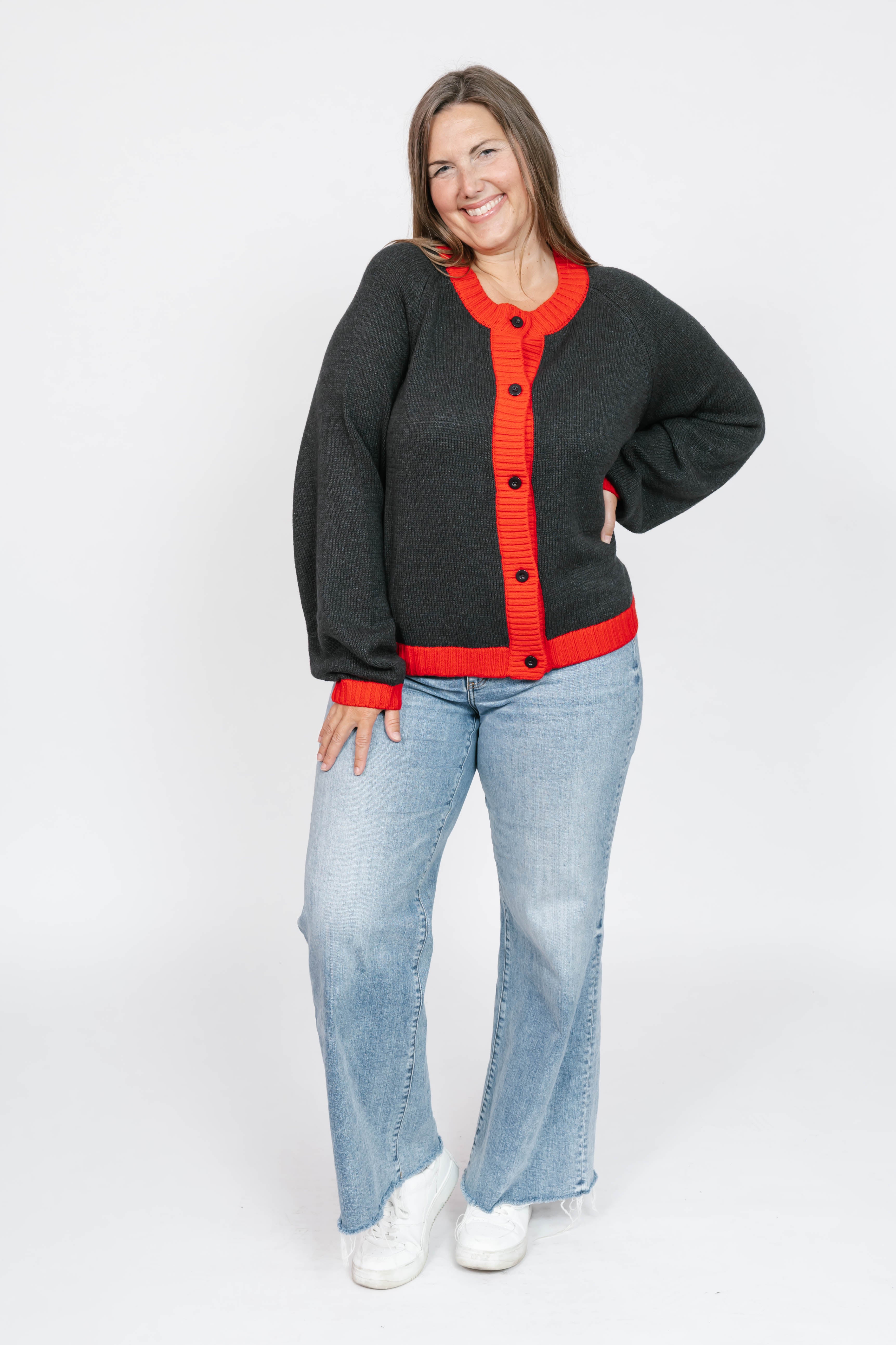 Cameron Colour Block Cardigan in Charcoal/Red