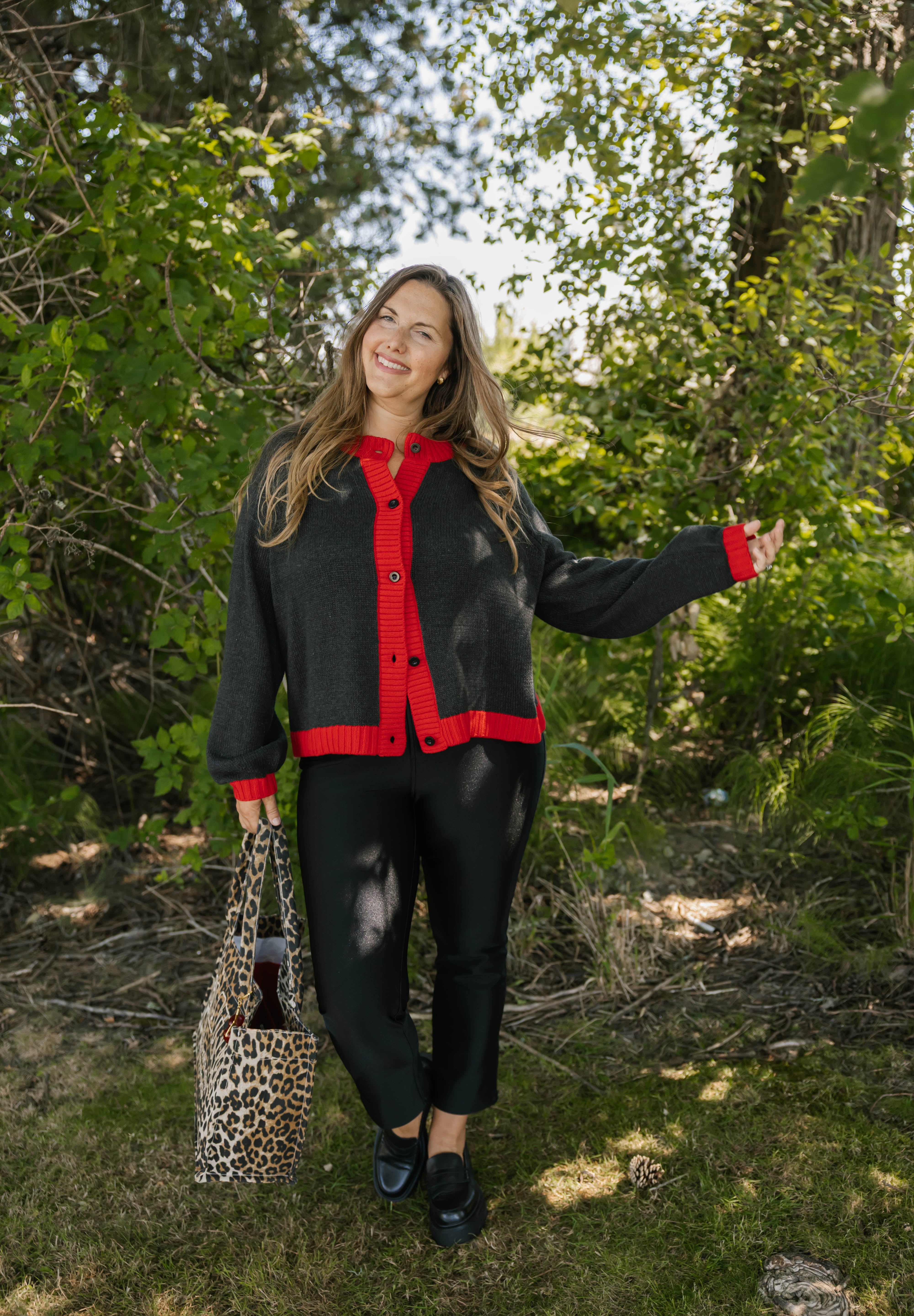 Cameron Colour Block Cardigan in Charcoal/Red