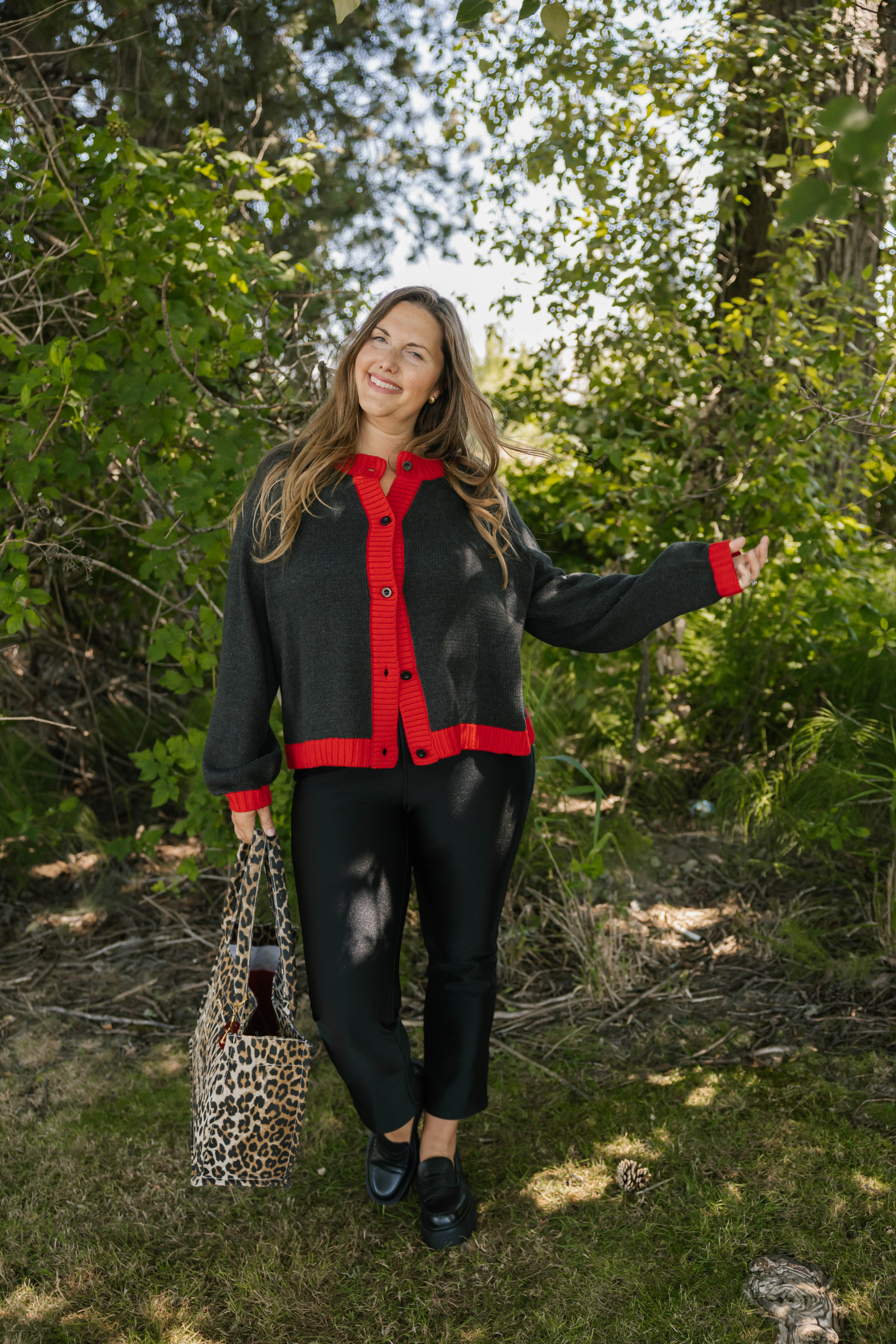 Cameron Colour Block Cardigan in Charcoal/Red