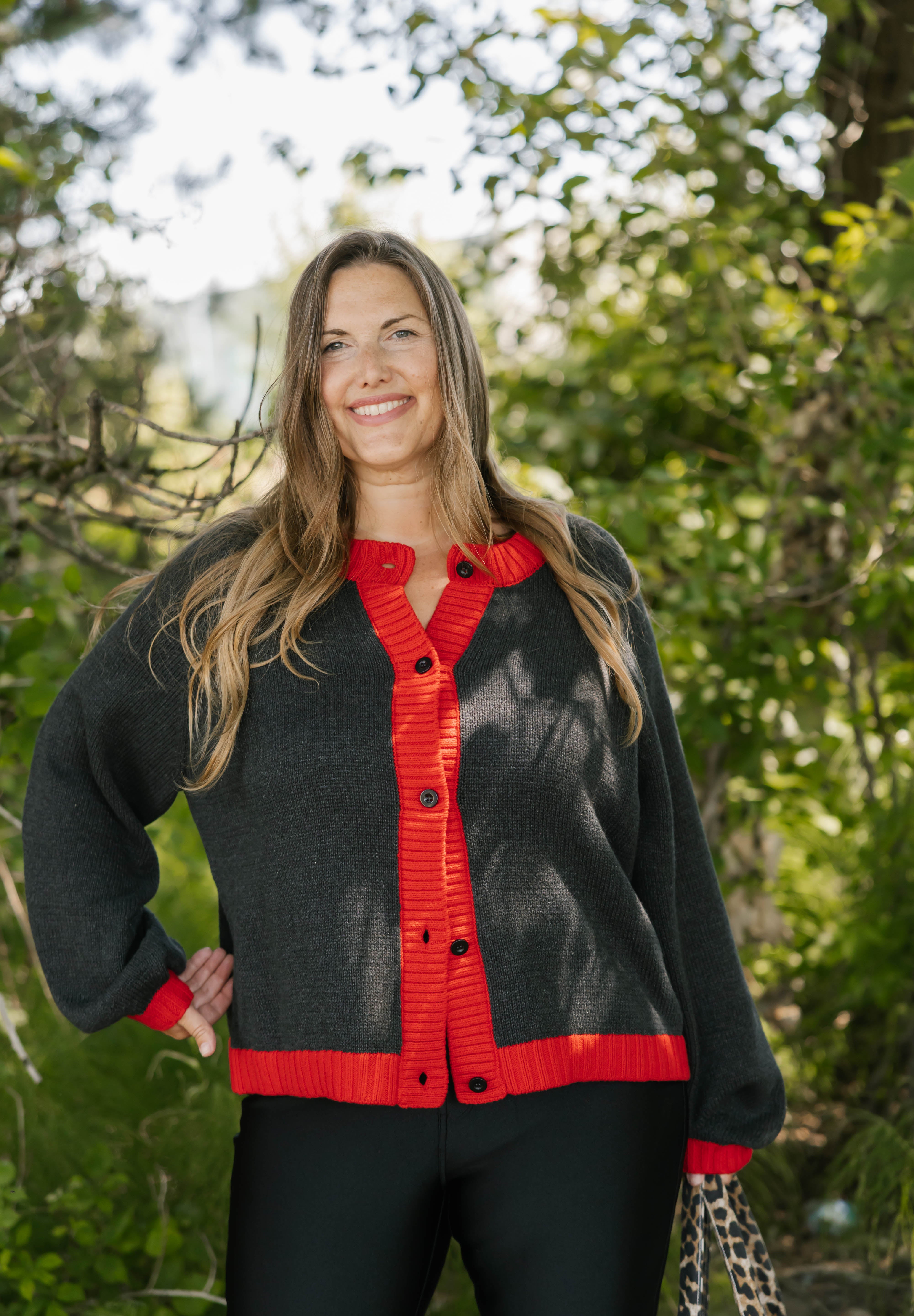 Cameron Colour Block Cardigan in Charcoal/Red