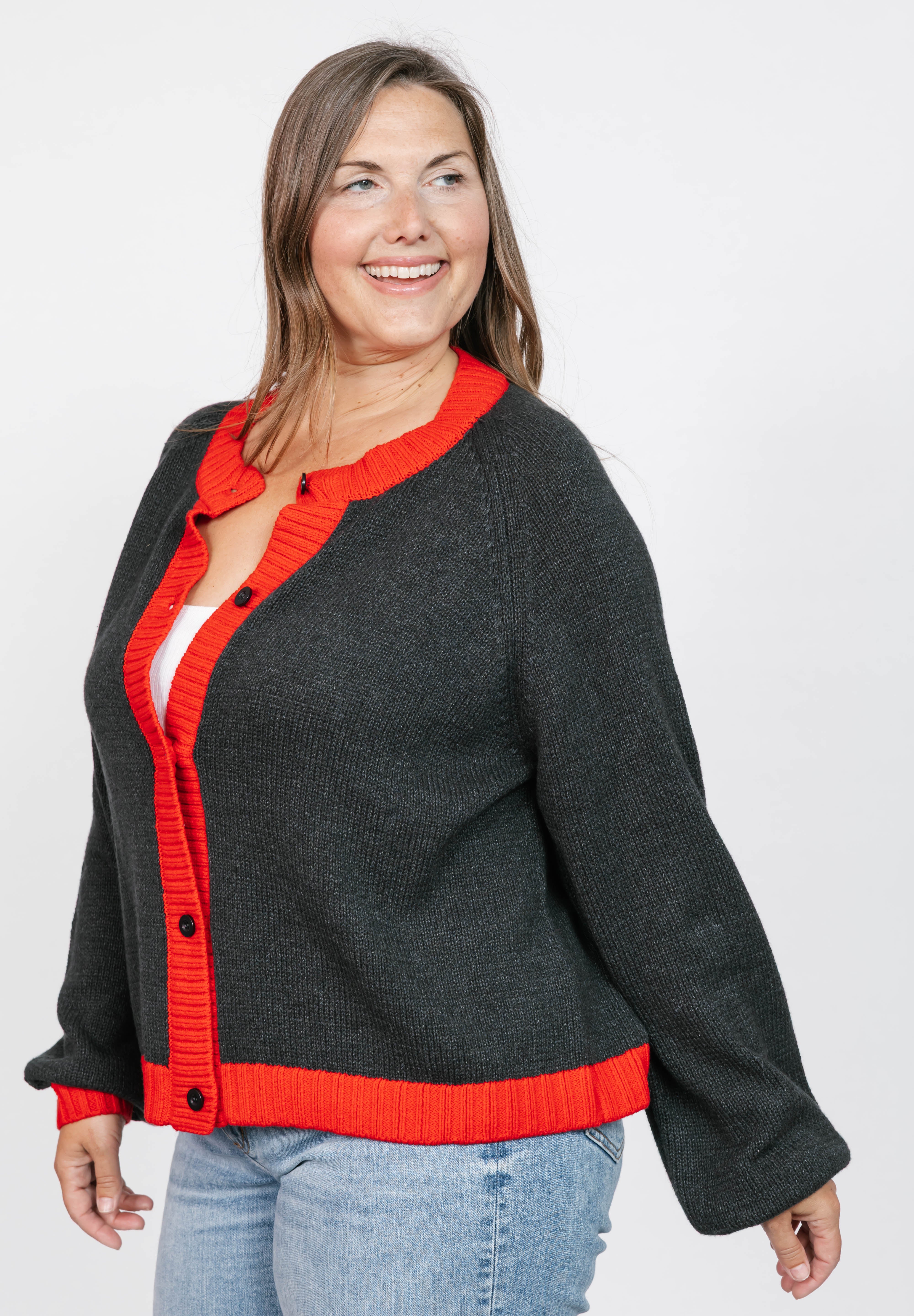 Cameron Colour Block Cardigan in Charcoal/Red