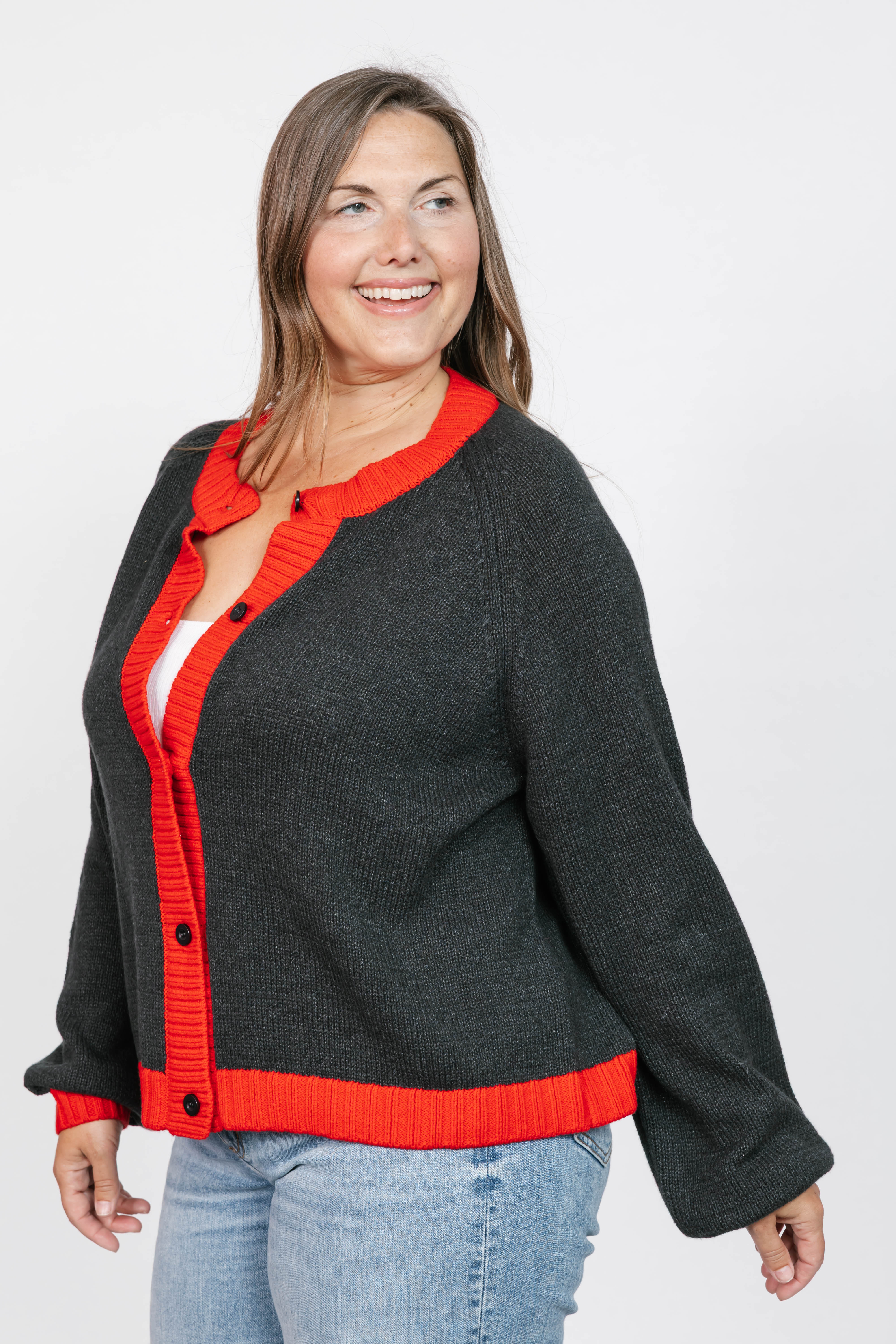 Cameron Colour Block Cardigan in Charcoal/Red
