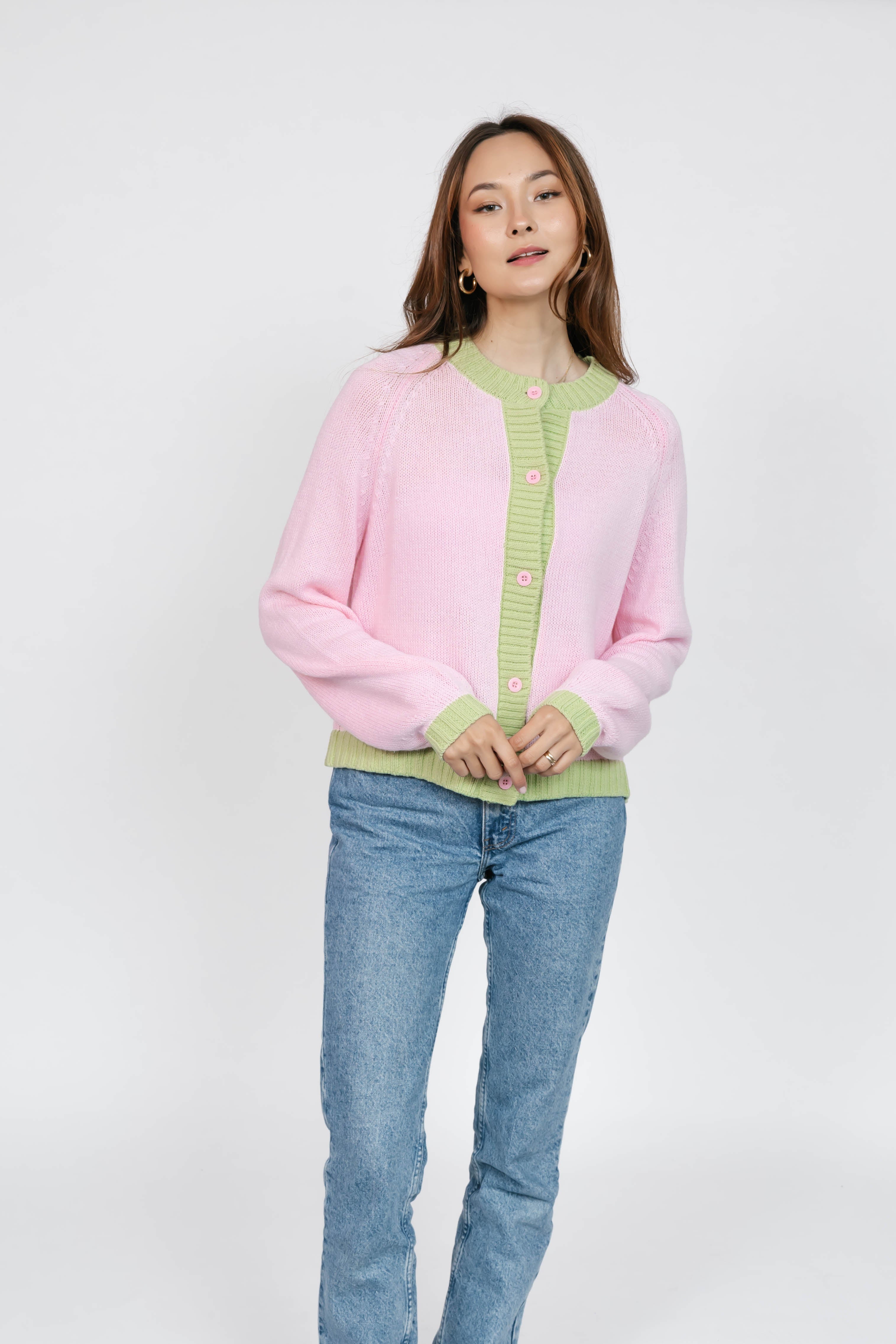 Cameron Colour Block Cardigan in Pink/Green