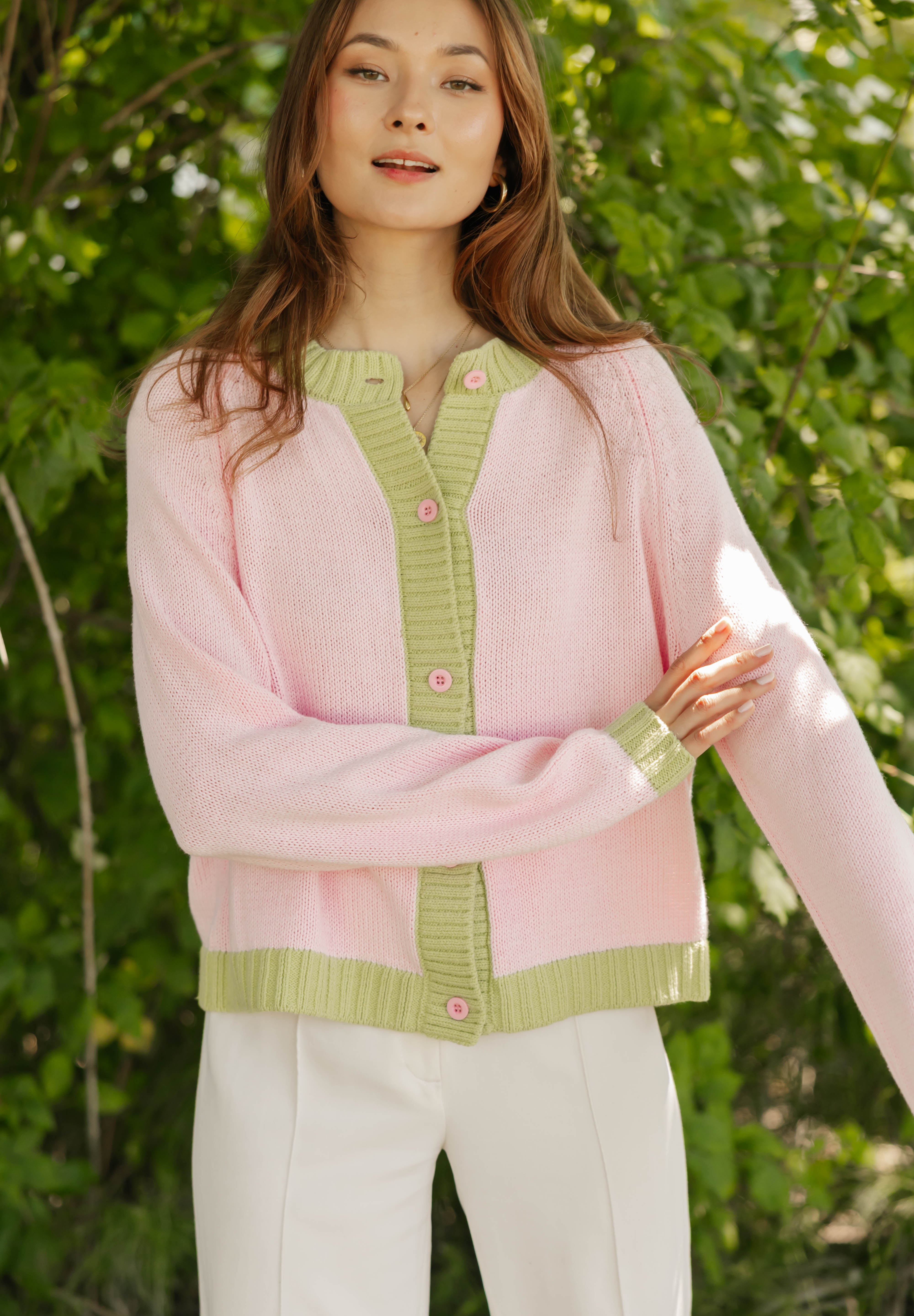 Cameron Colour Block Cardigan in Pink/Green