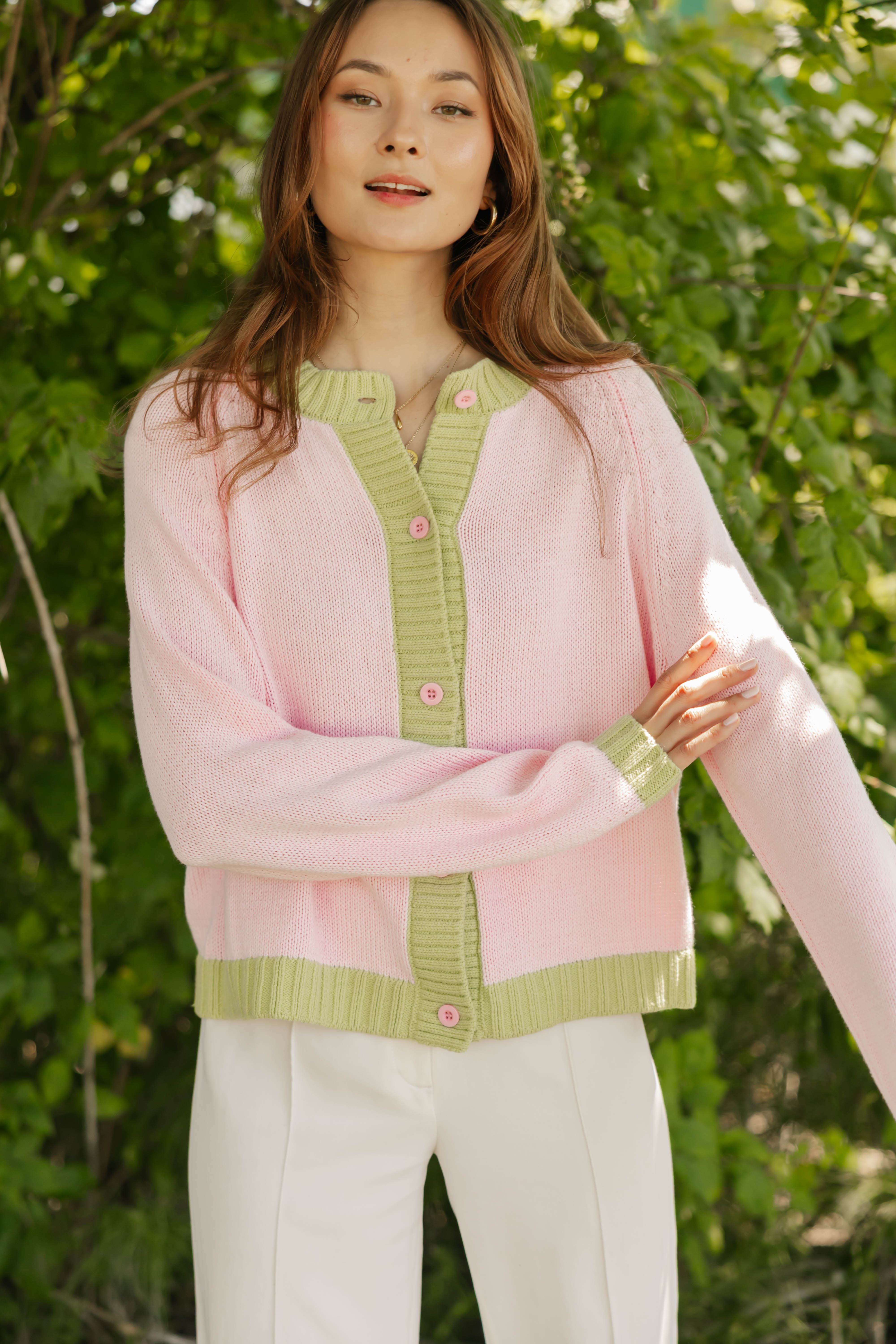 Cameron Colour Block Cardigan in Pink/Green