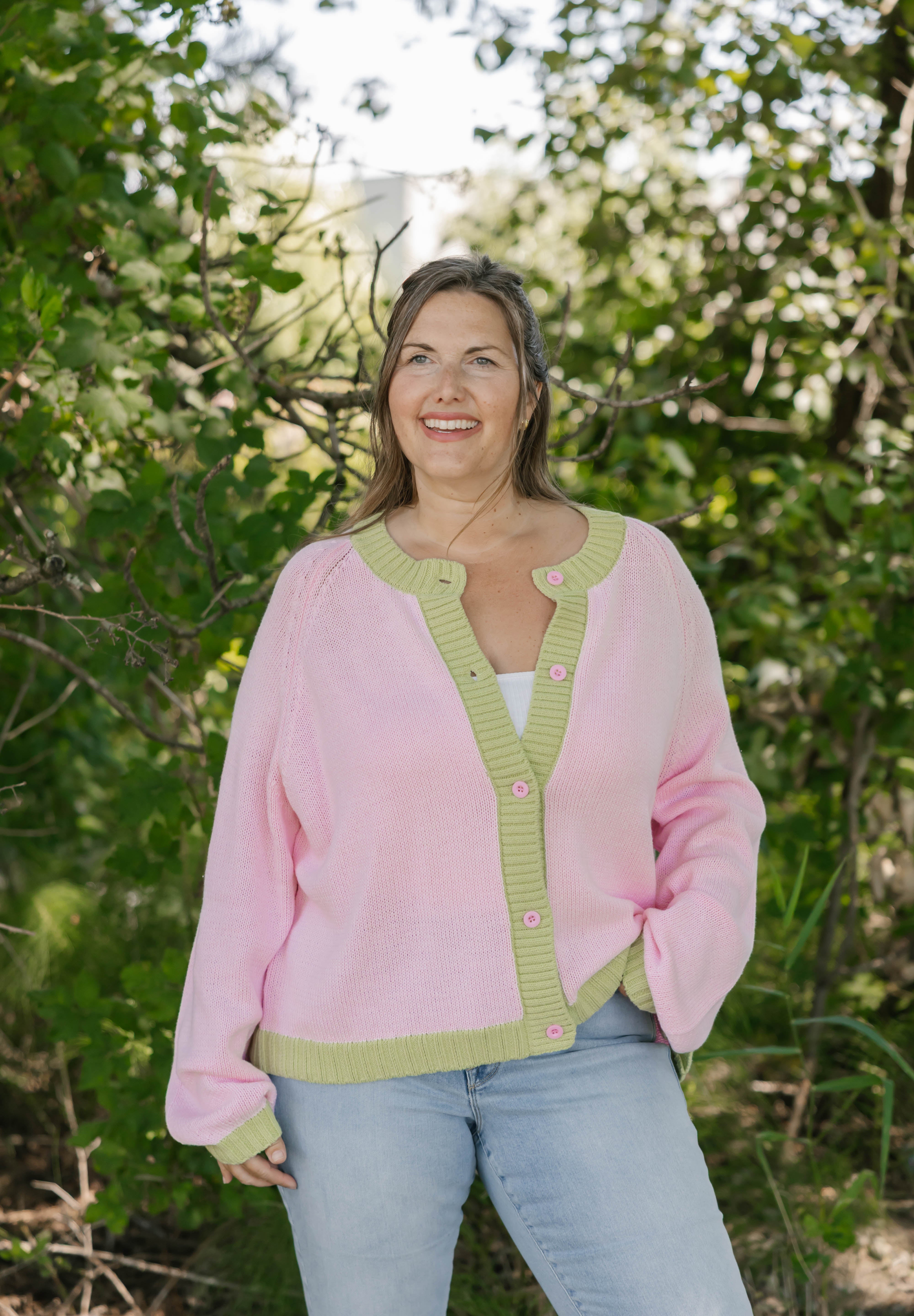 Cameron Colour Block Cardigan in Pink/Green