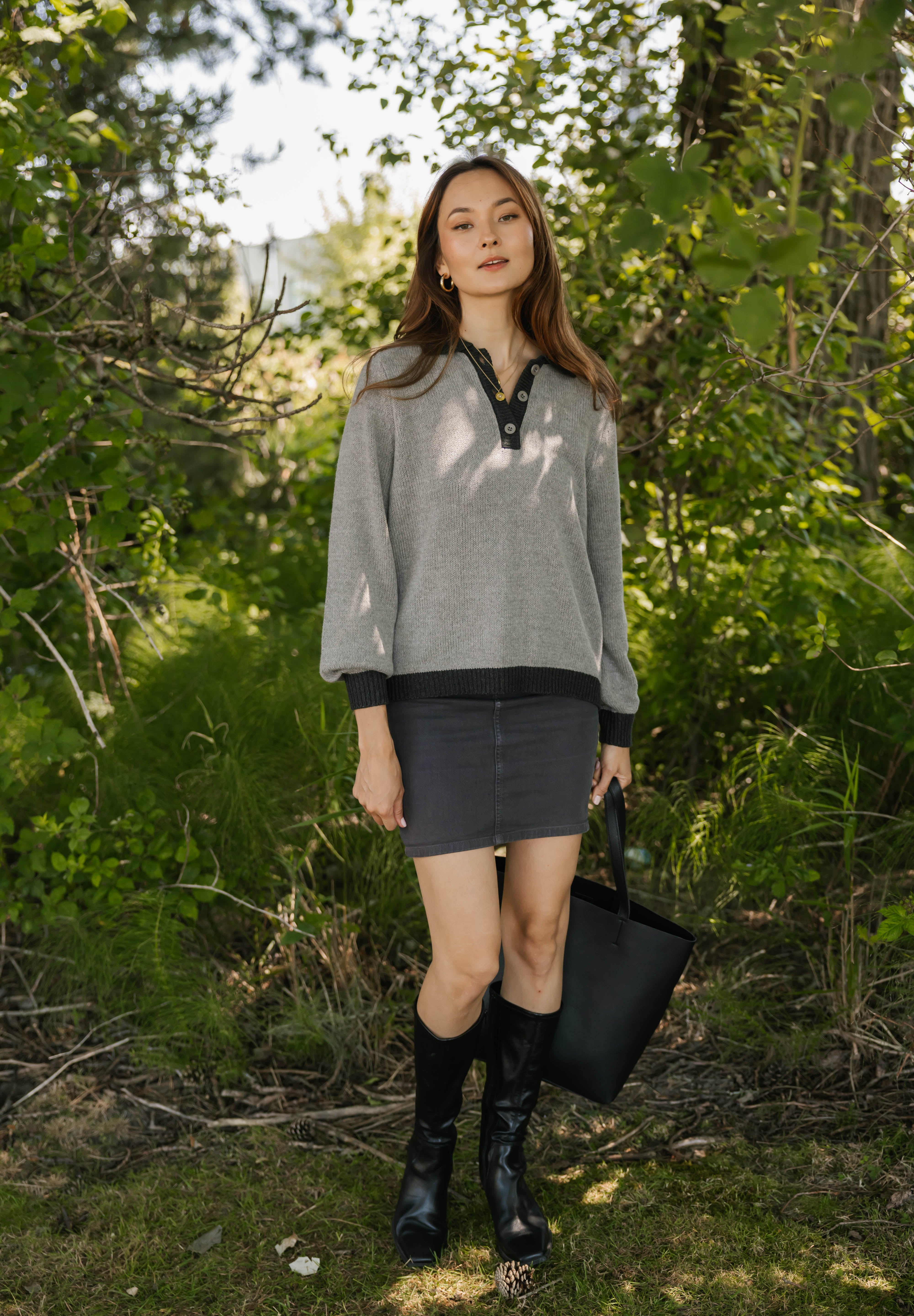 Cameron Colour Block Sweater Top in Grey/Charcoal