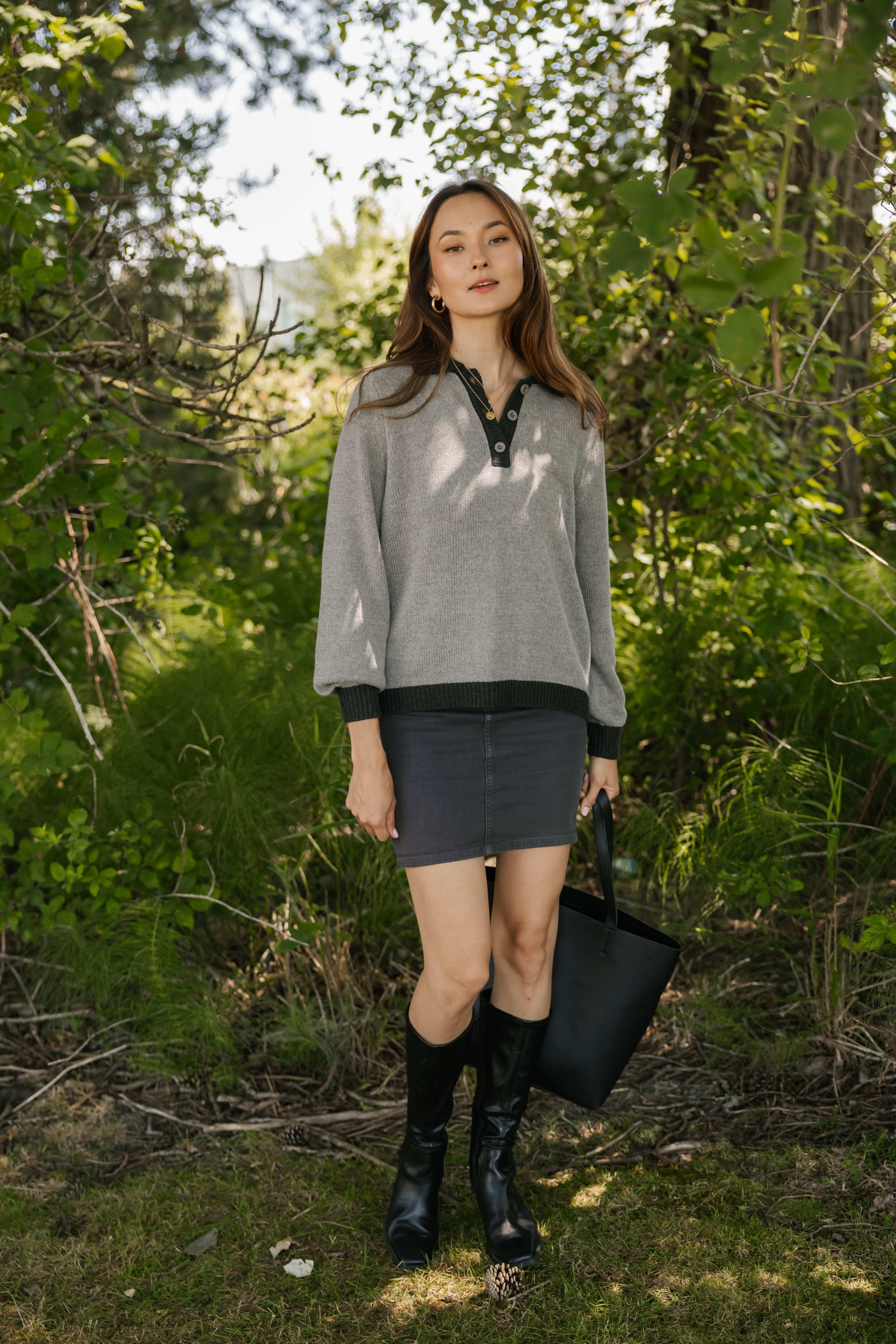 Cameron Colour Block Sweater Top in Grey/Charcoal