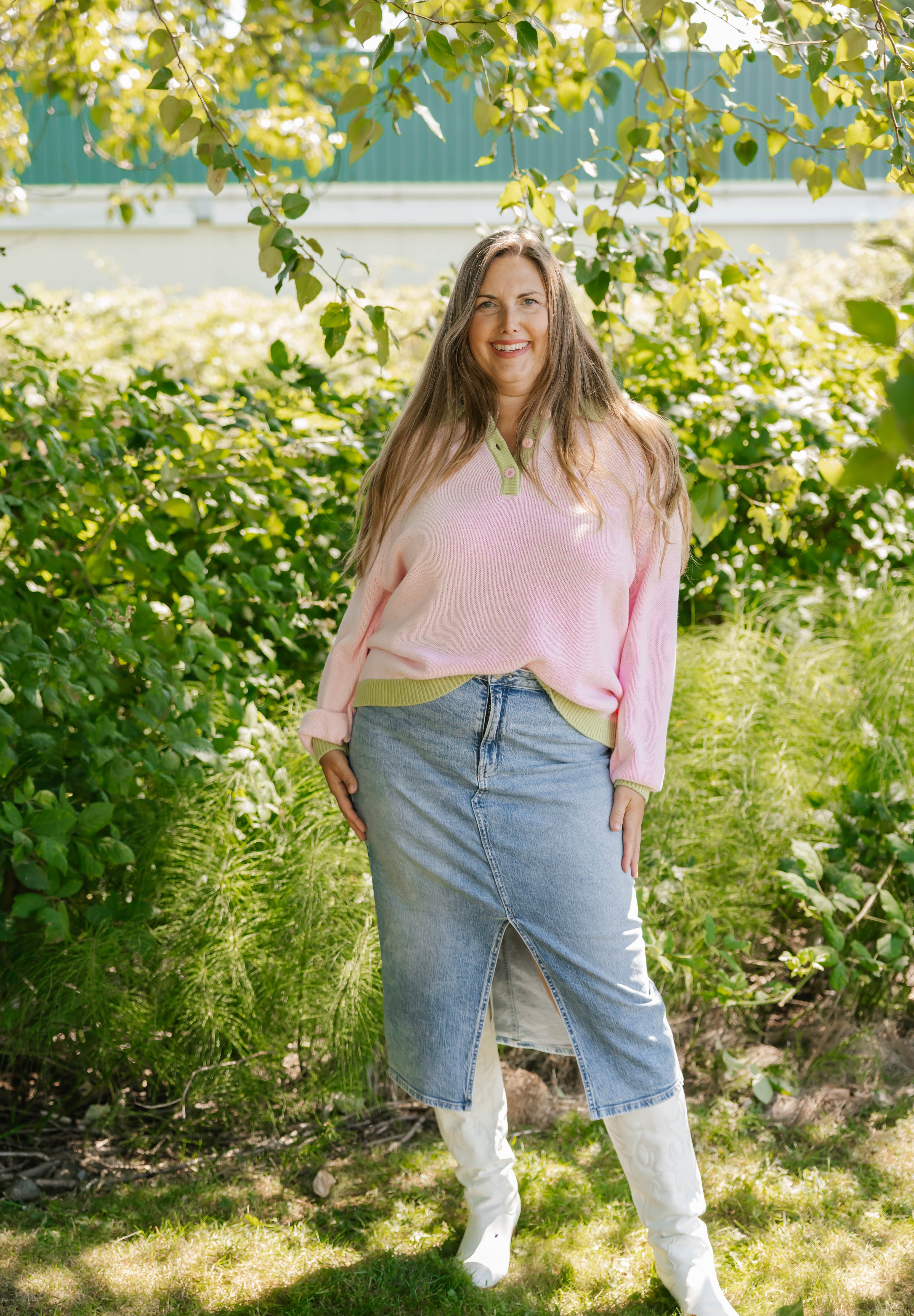 Cameron Colour Block Sweater Top in Pink/Green