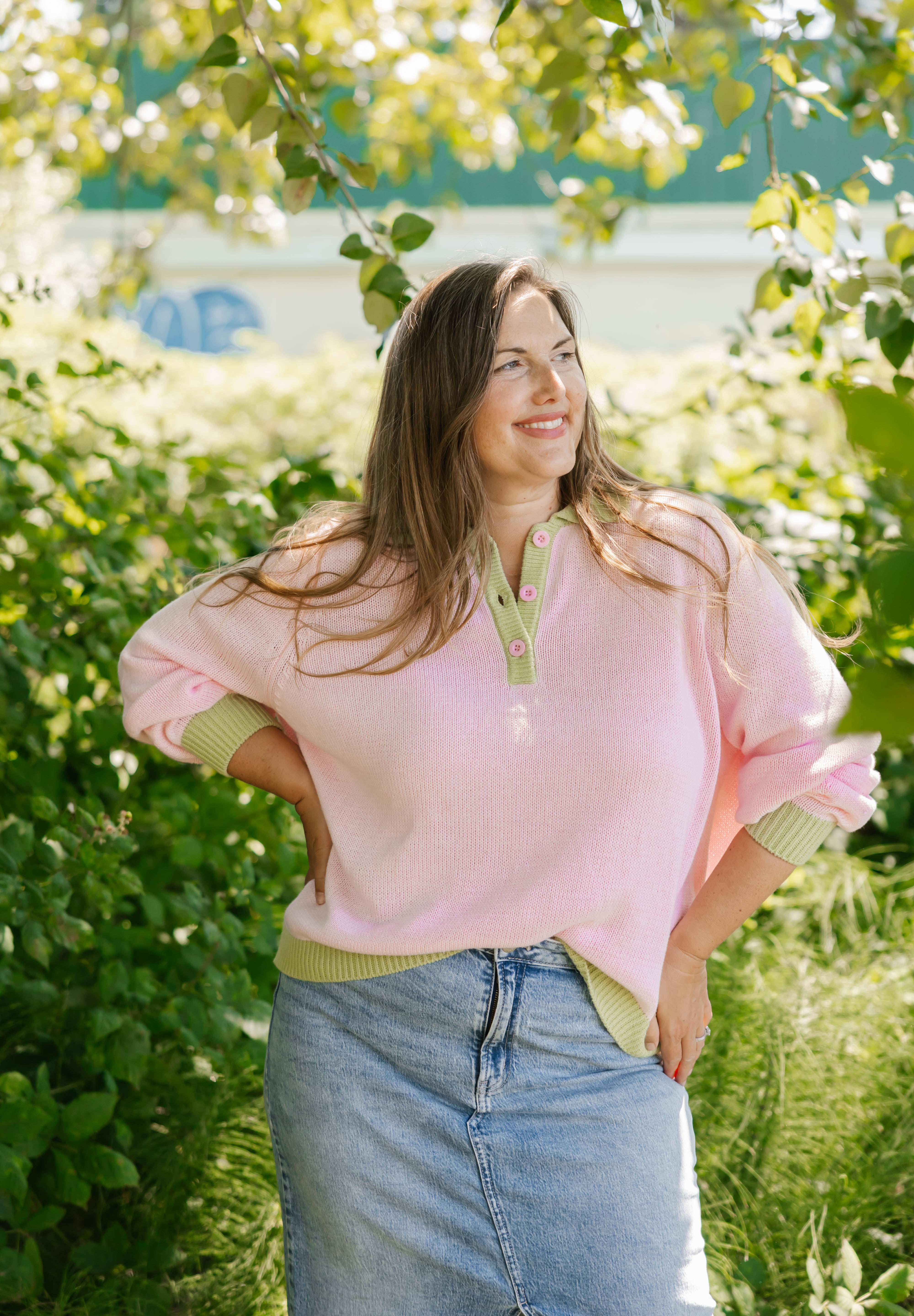 Cameron Colour Block Sweater Top in Pink/Green