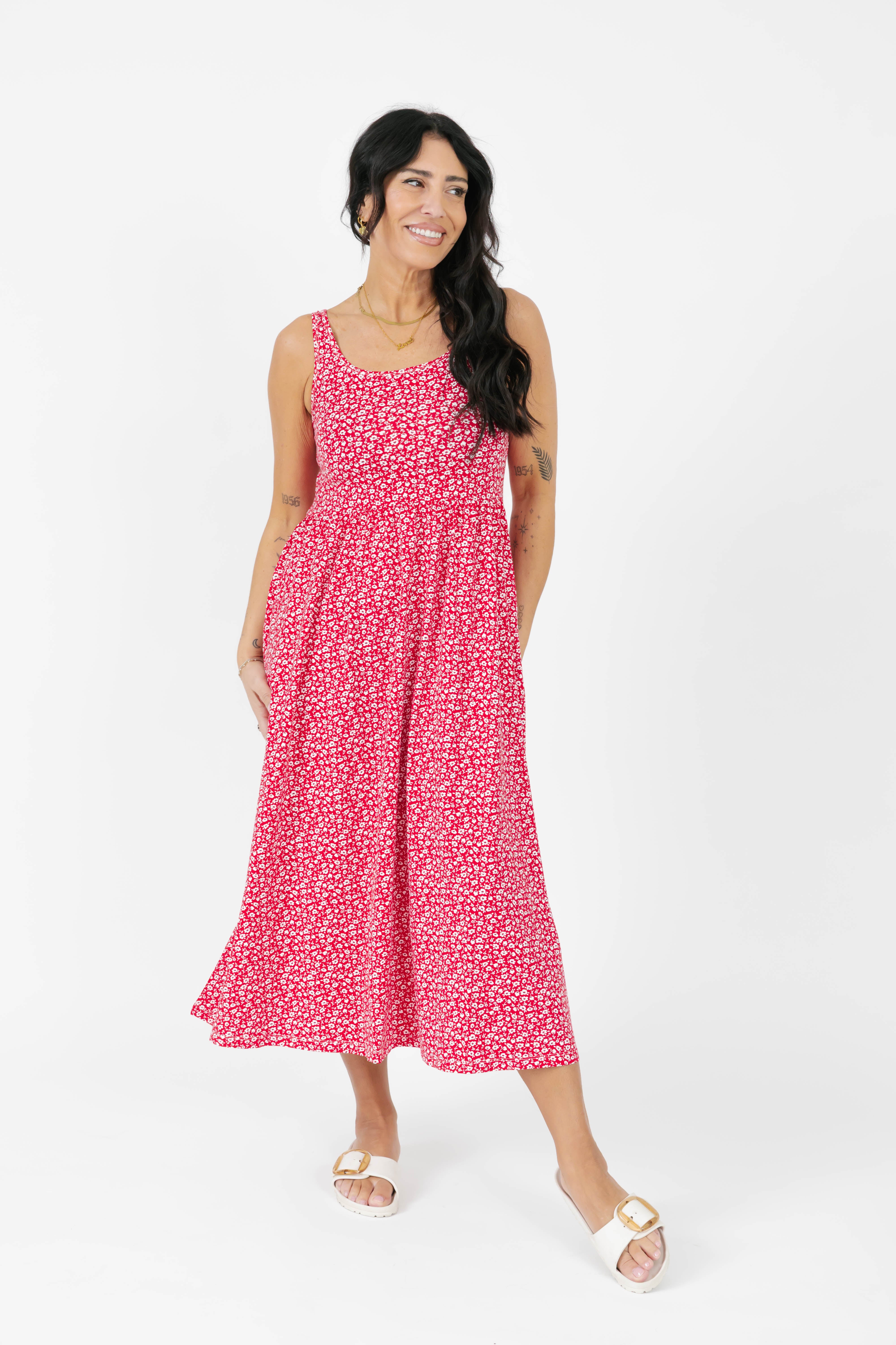 Camille Midi Dress in Rosy Red