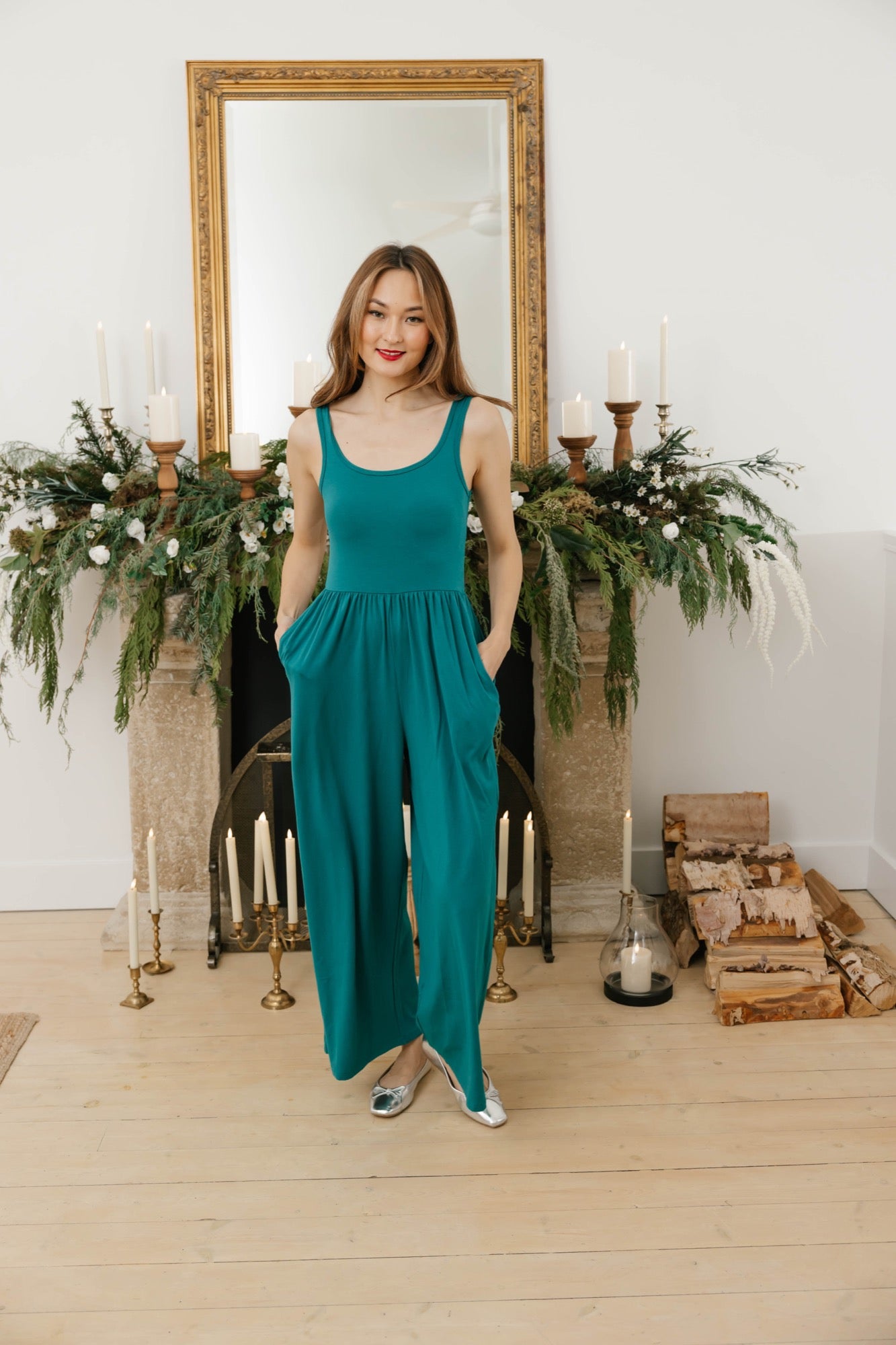 Camille Wide Leg Romper in Myrtle Green