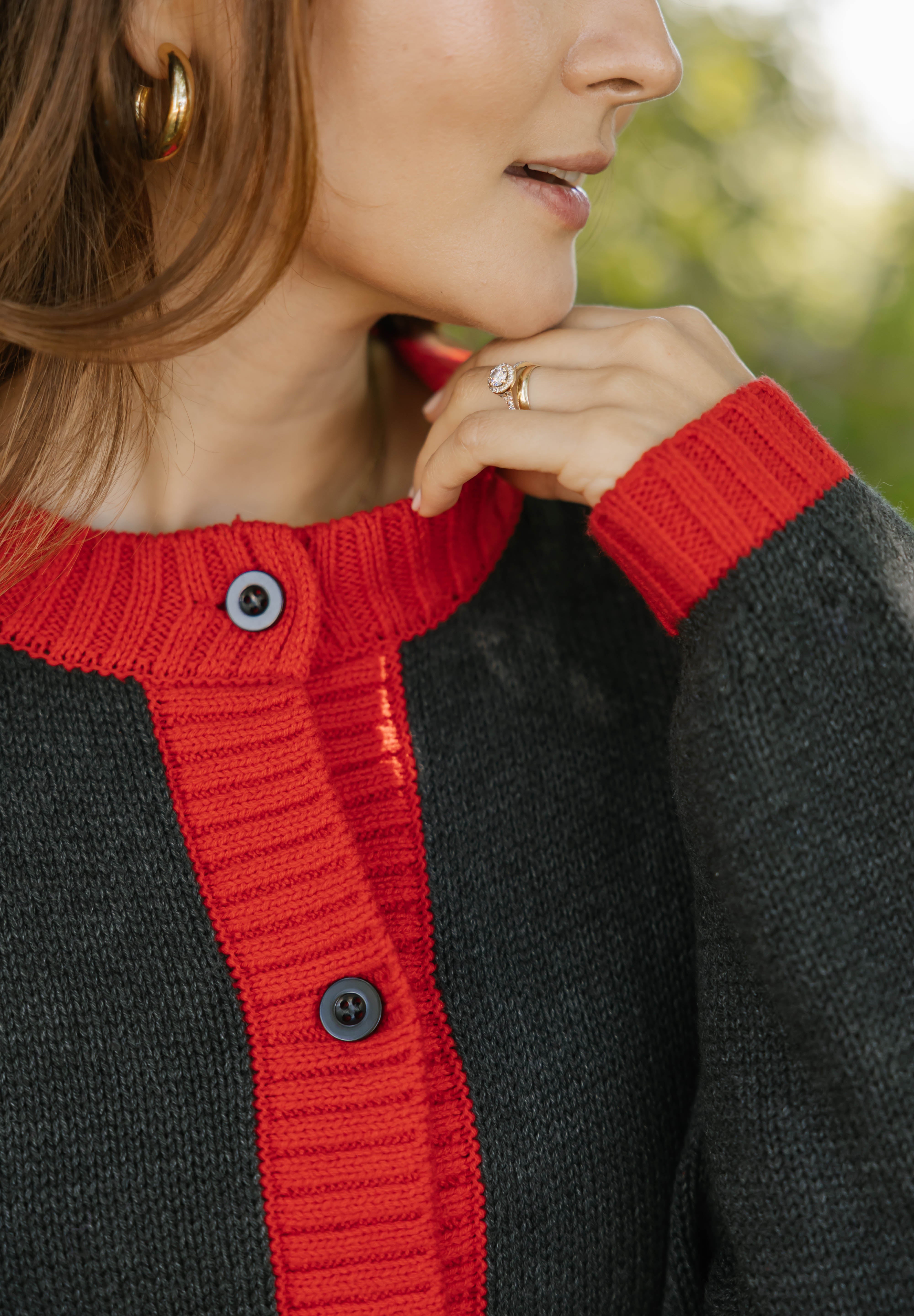 Cameron Colour Block Cardigan in Charcoal/Red