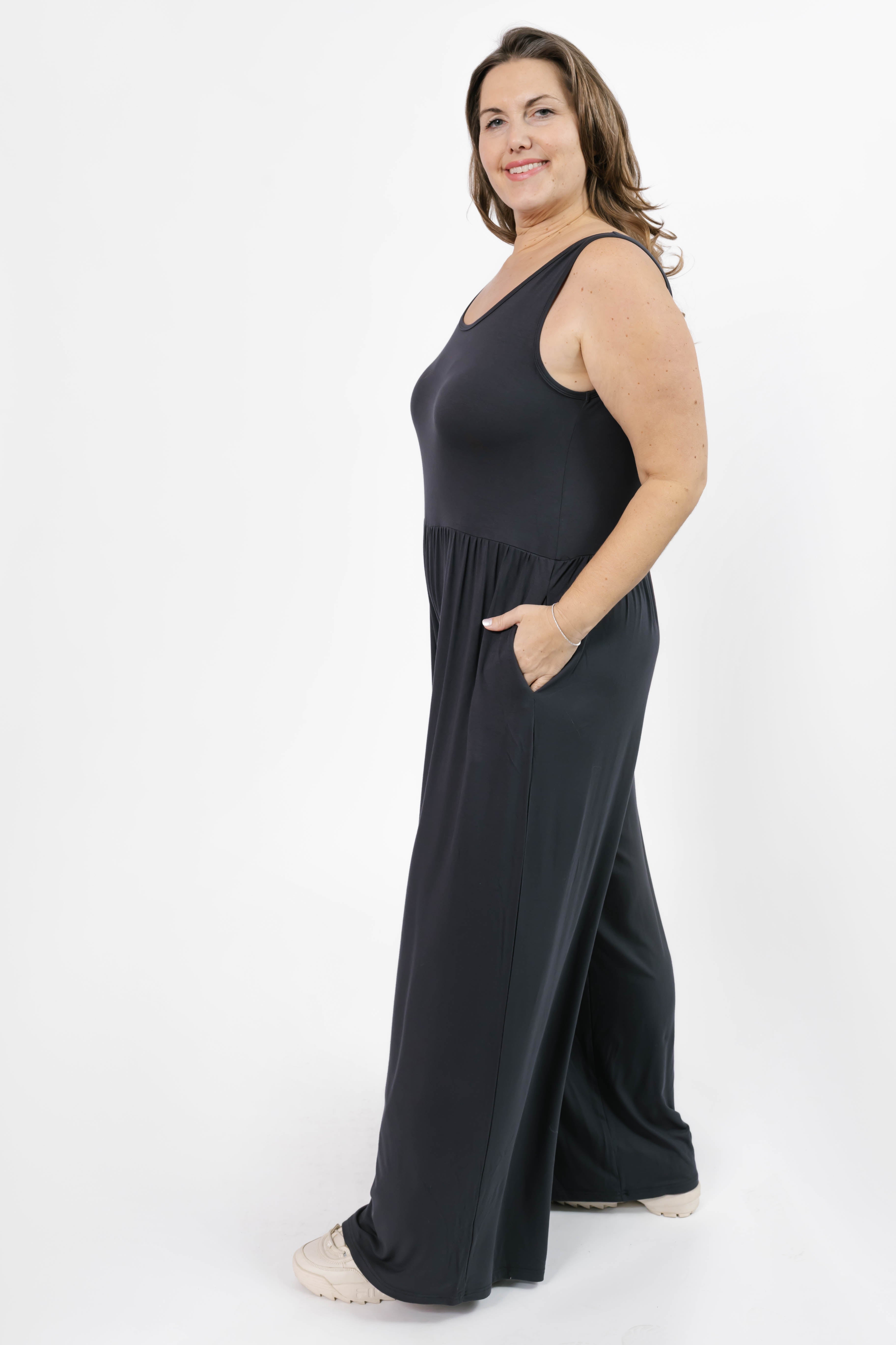 Camille Wide Leg Romper in Charcoal