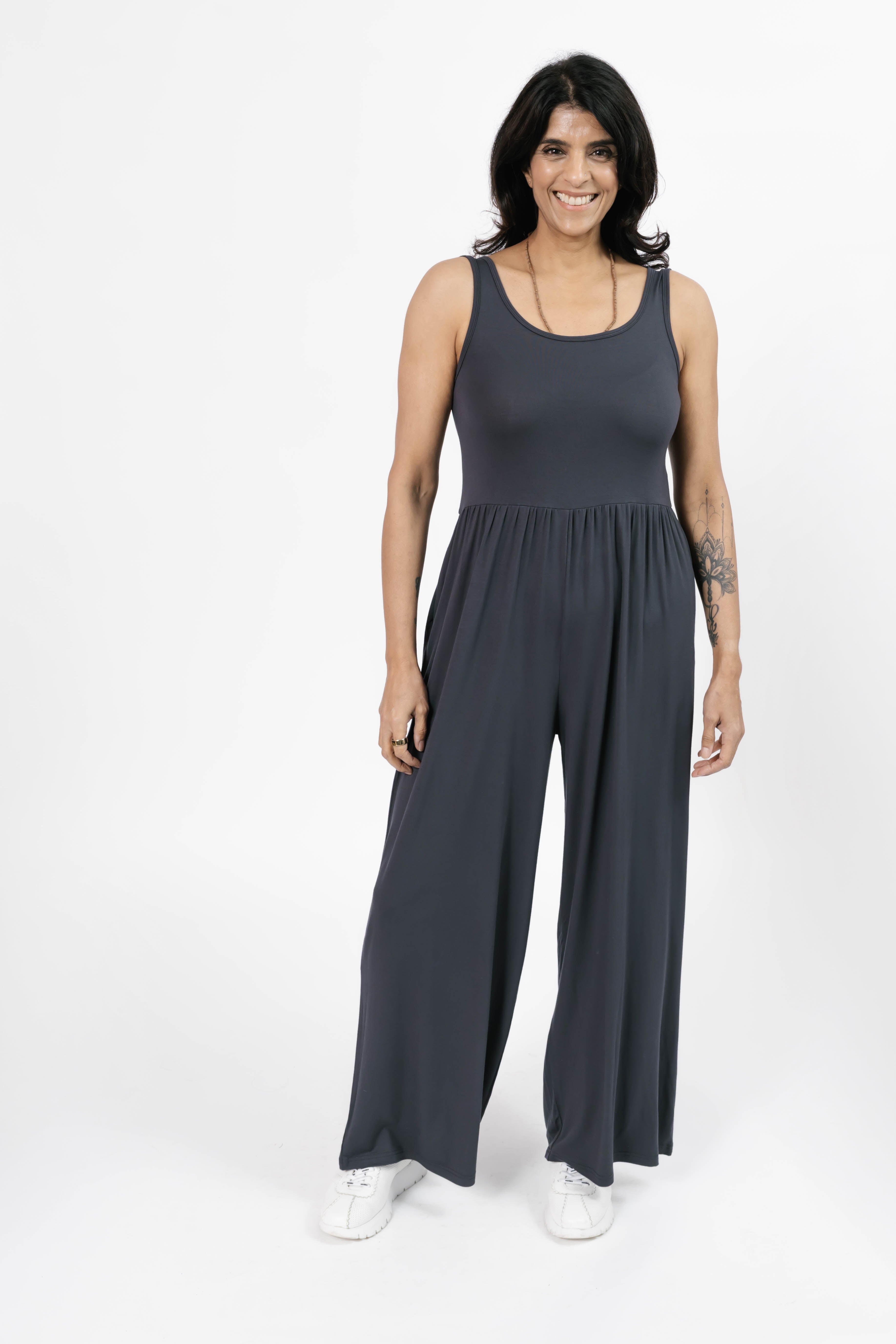 Camille Wide Leg Romper in Charcoal