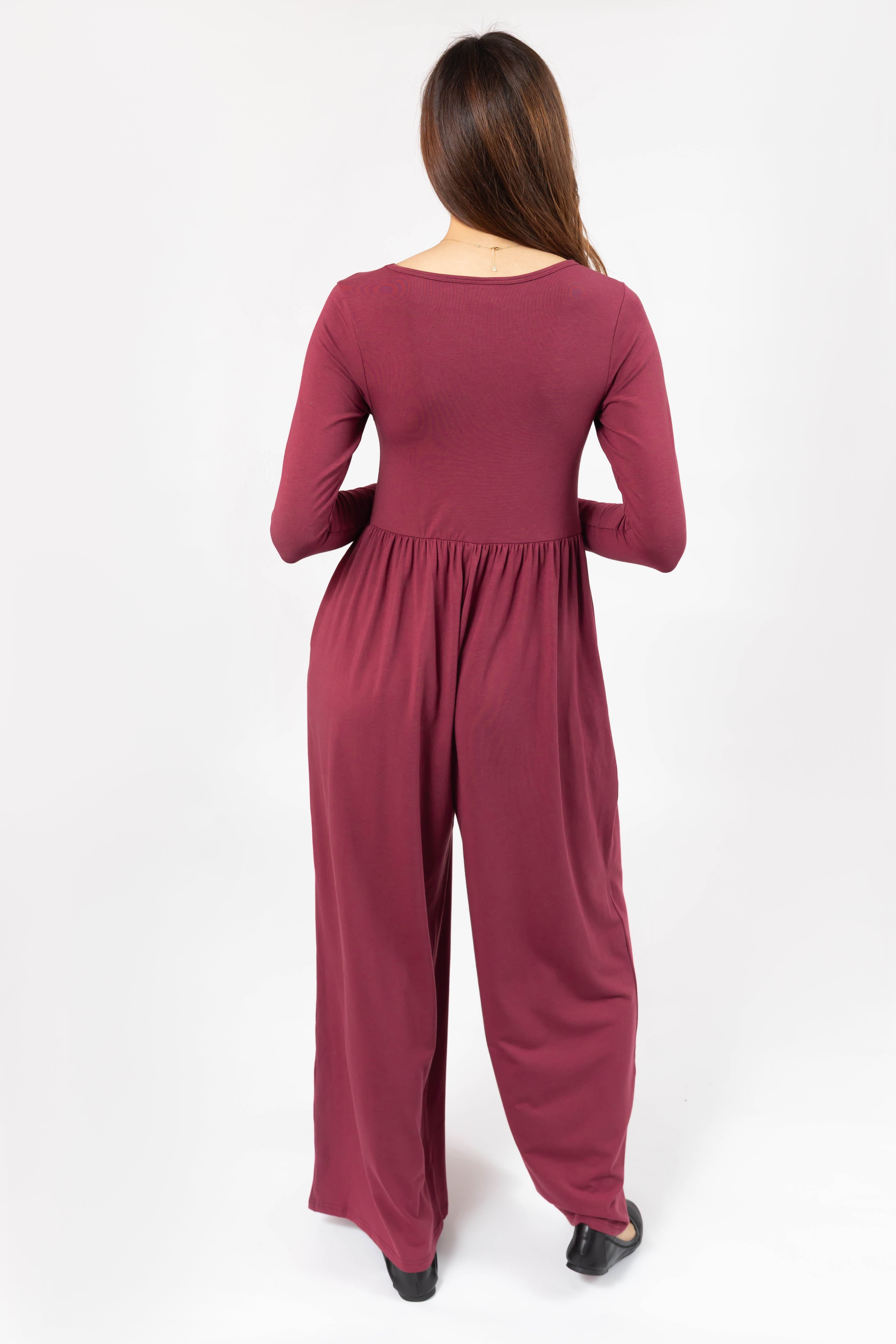 Camille Long Sleeve Wide Leg Romper in Dark Cranberry