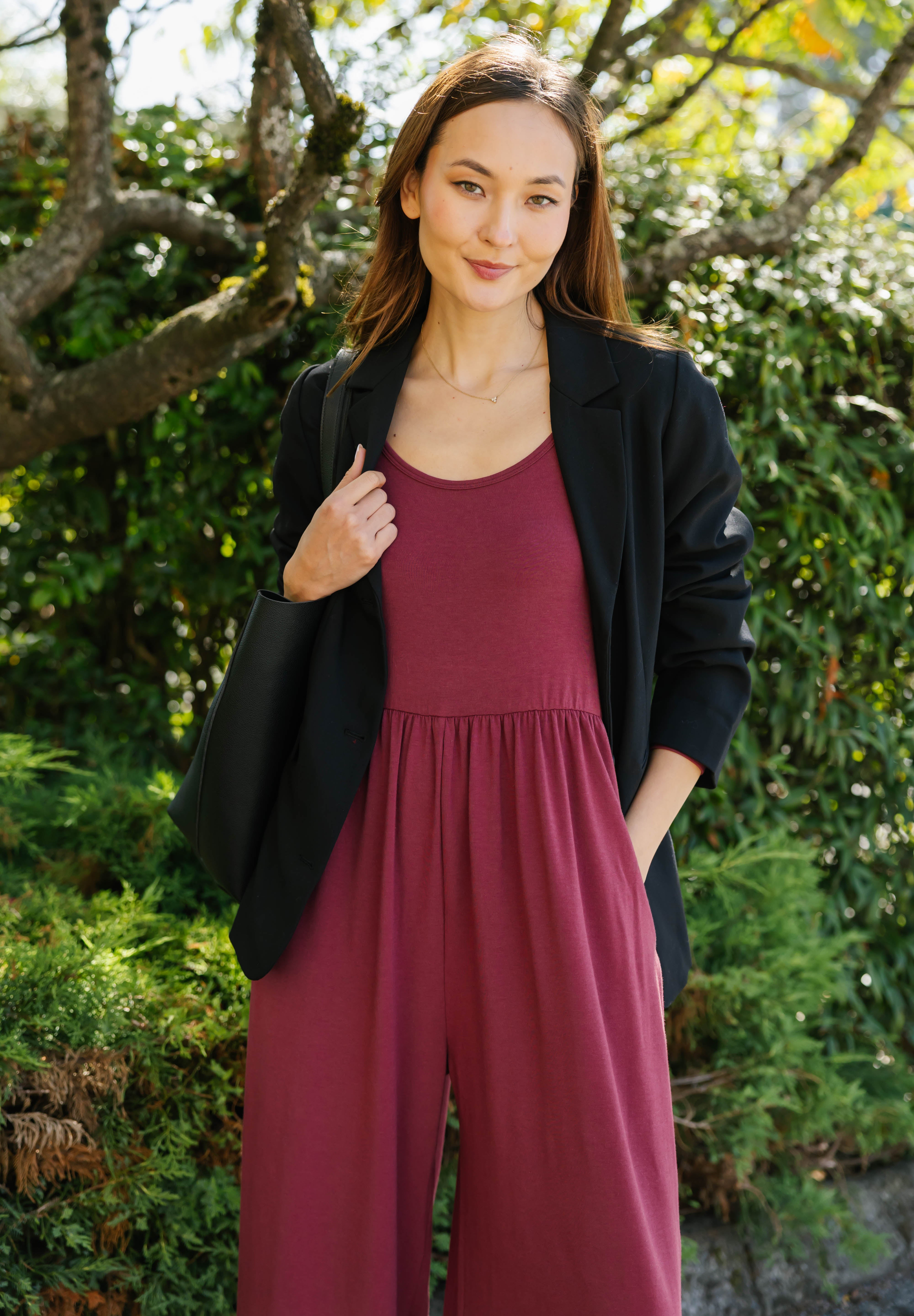 Camille Long Sleeve Wide Leg Romper in Dark Cranberry