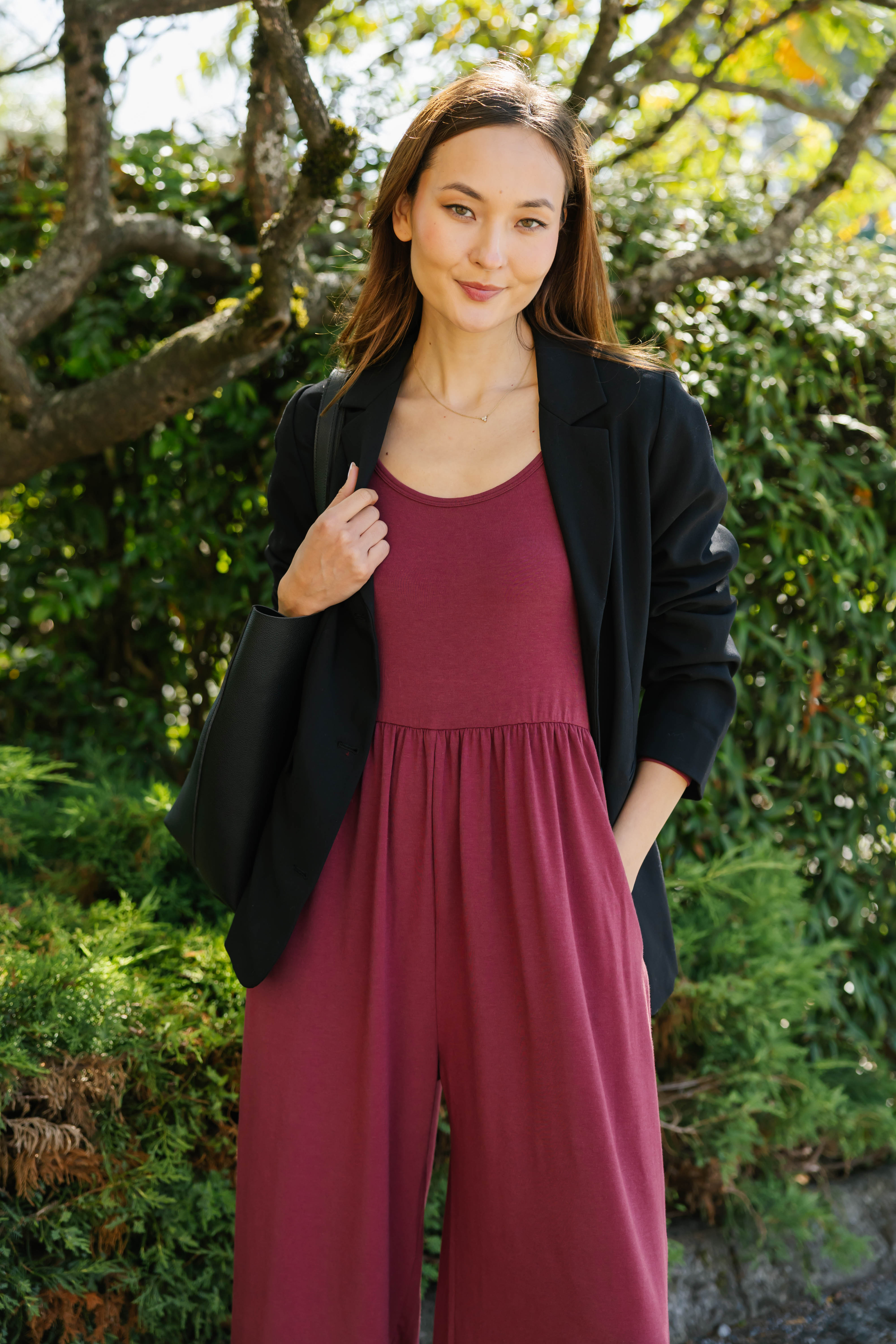 Camille Long Sleeve Wide Leg Romper in Dark Cranberry