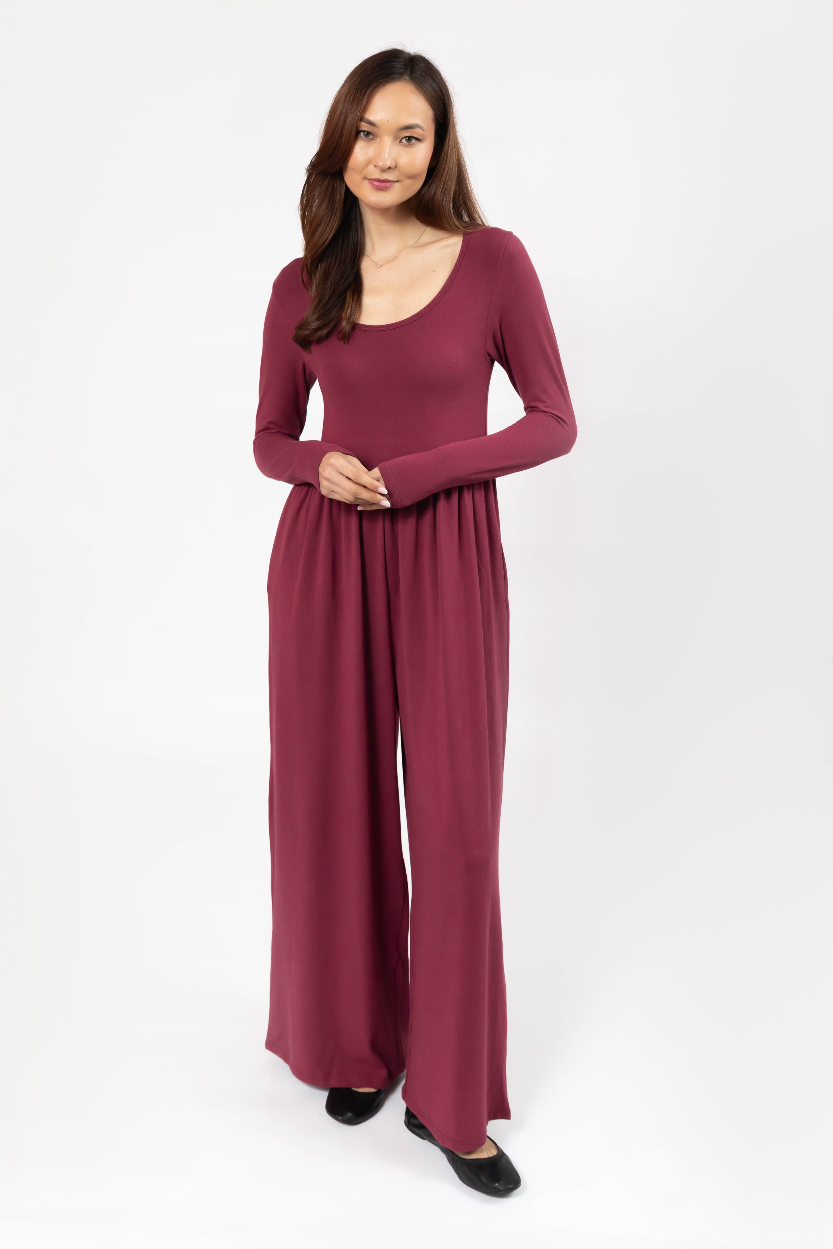 Camille Long Sleeve Wide Leg Romper in Dark Cranberry