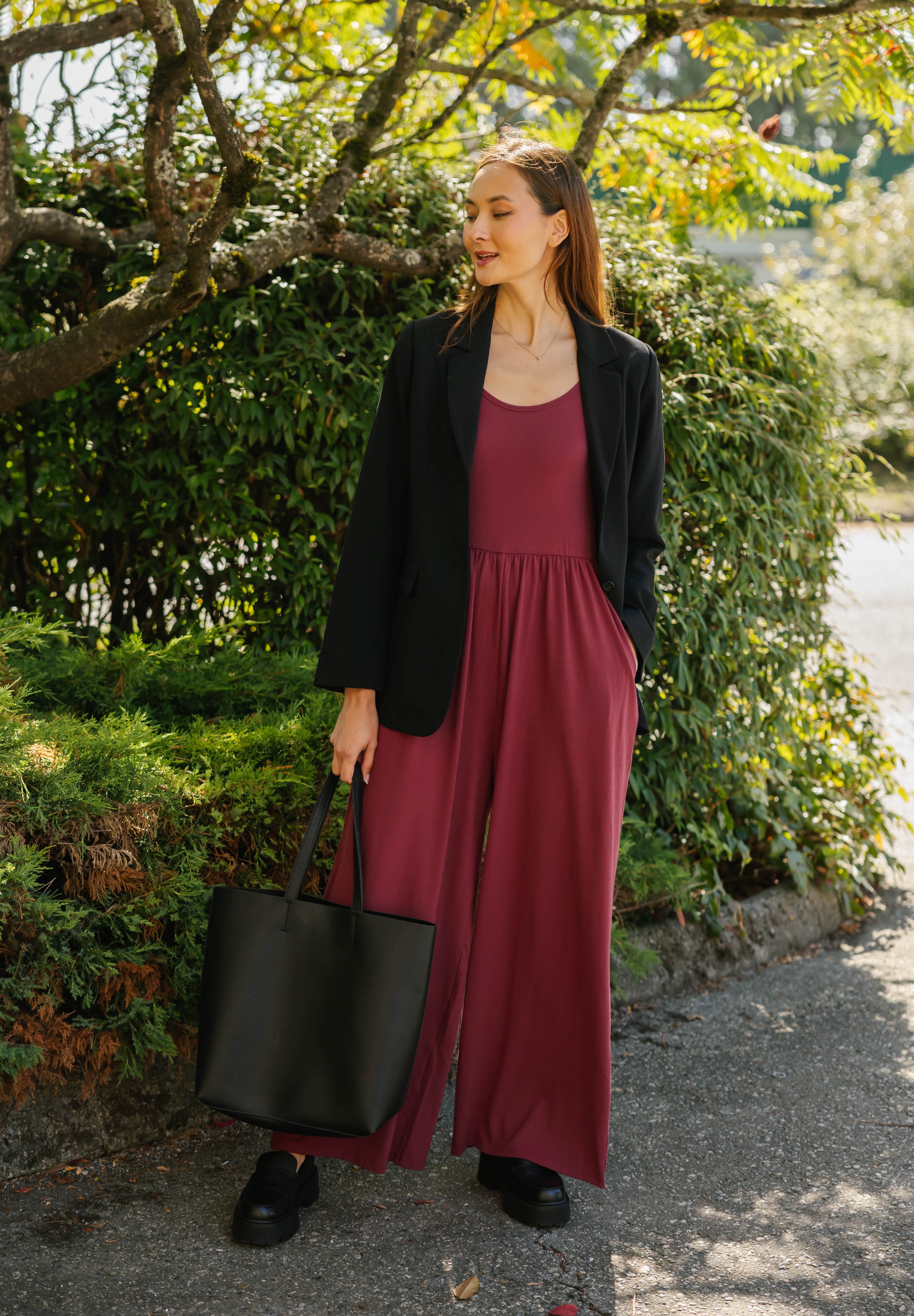 Camille Long Sleeve Wide Leg Romper in Dark Cranberry
