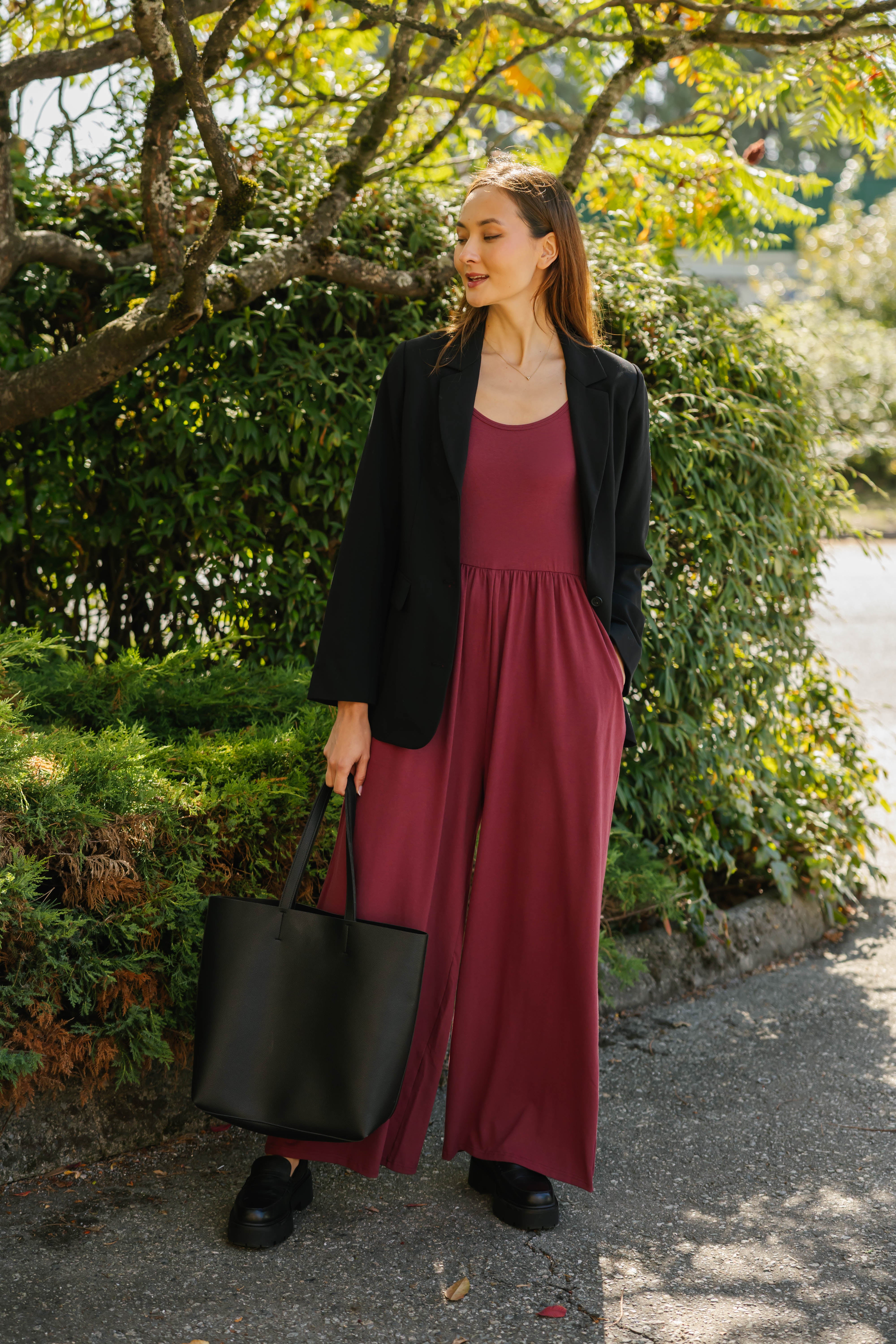 Camille Long Sleeve Wide Leg Romper in Dark Cranberry