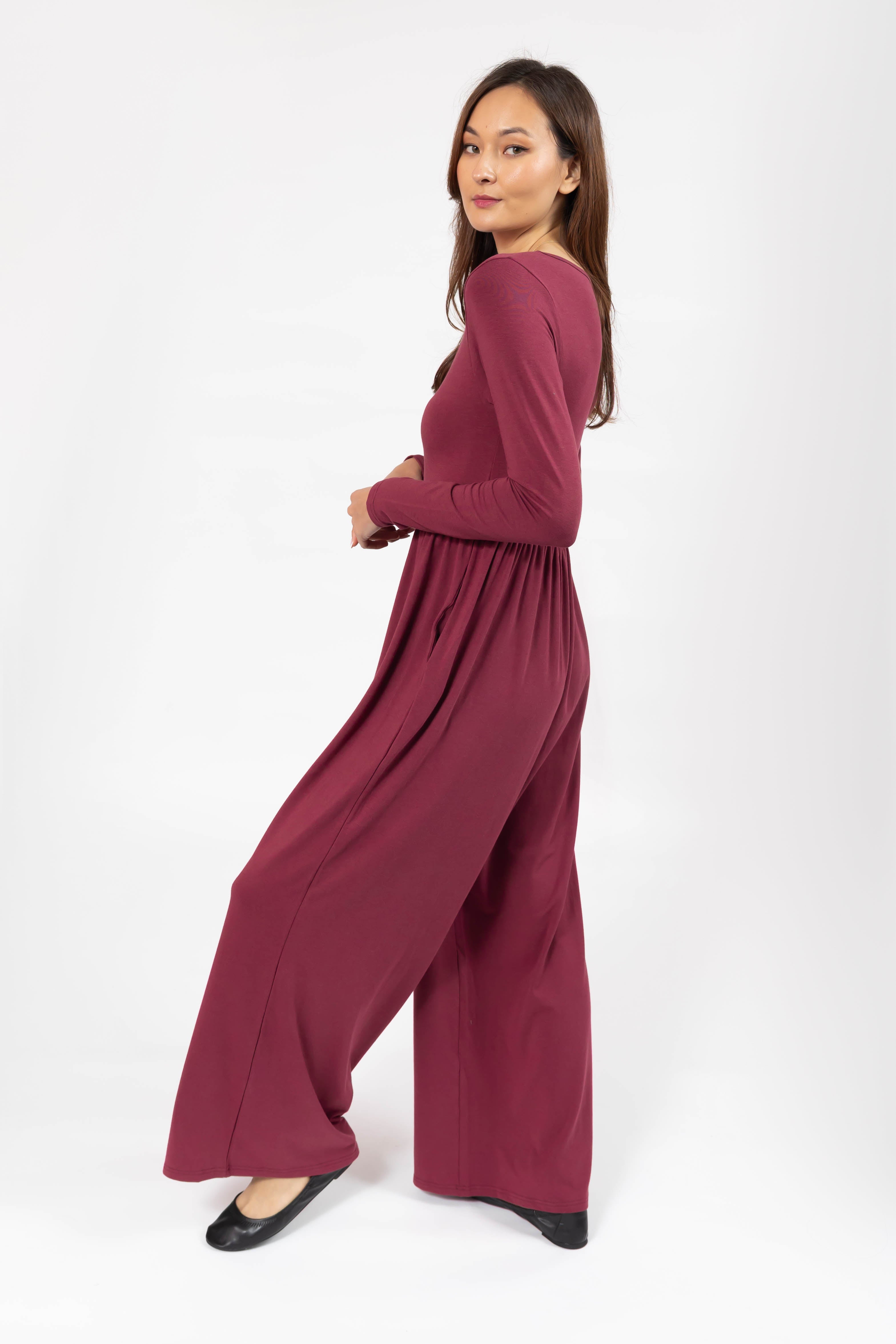 Camille Long Sleeve Wide Leg Romper in Dark Cranberry