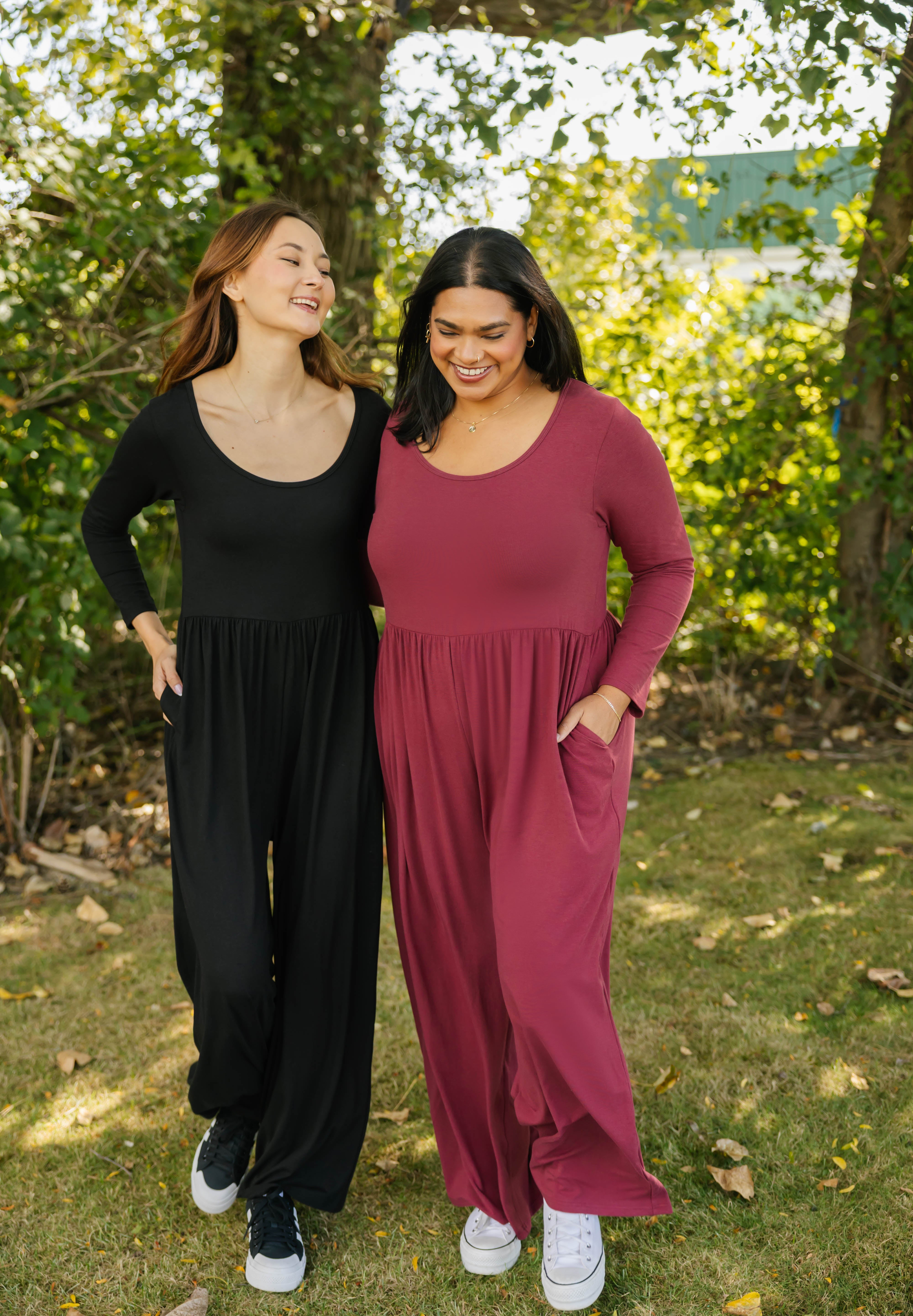 Camille Long Sleeve Wide Leg Romper in Dark Cranberry