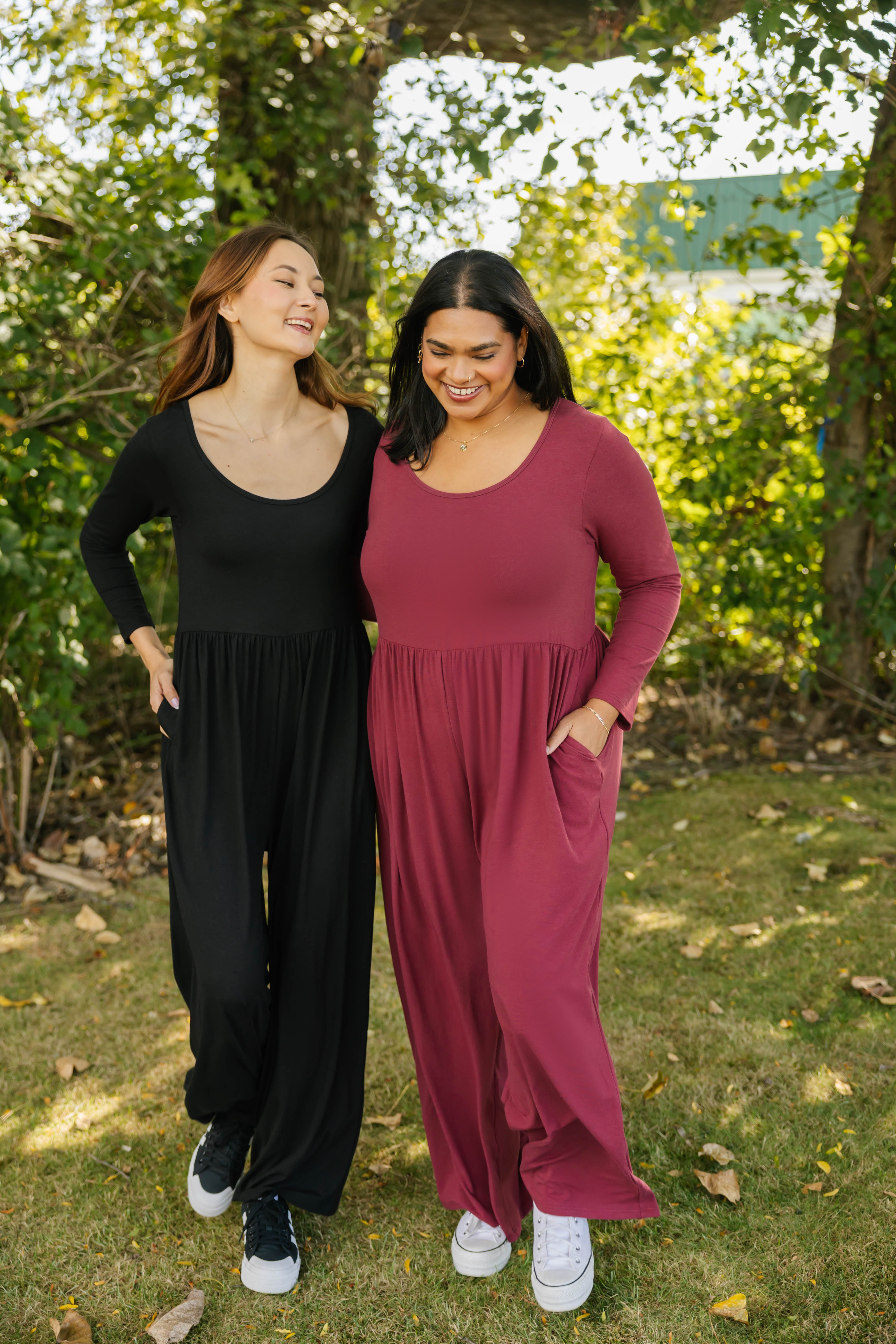 Camille Long Sleeve Wide Leg Romper in Dark Cranberry