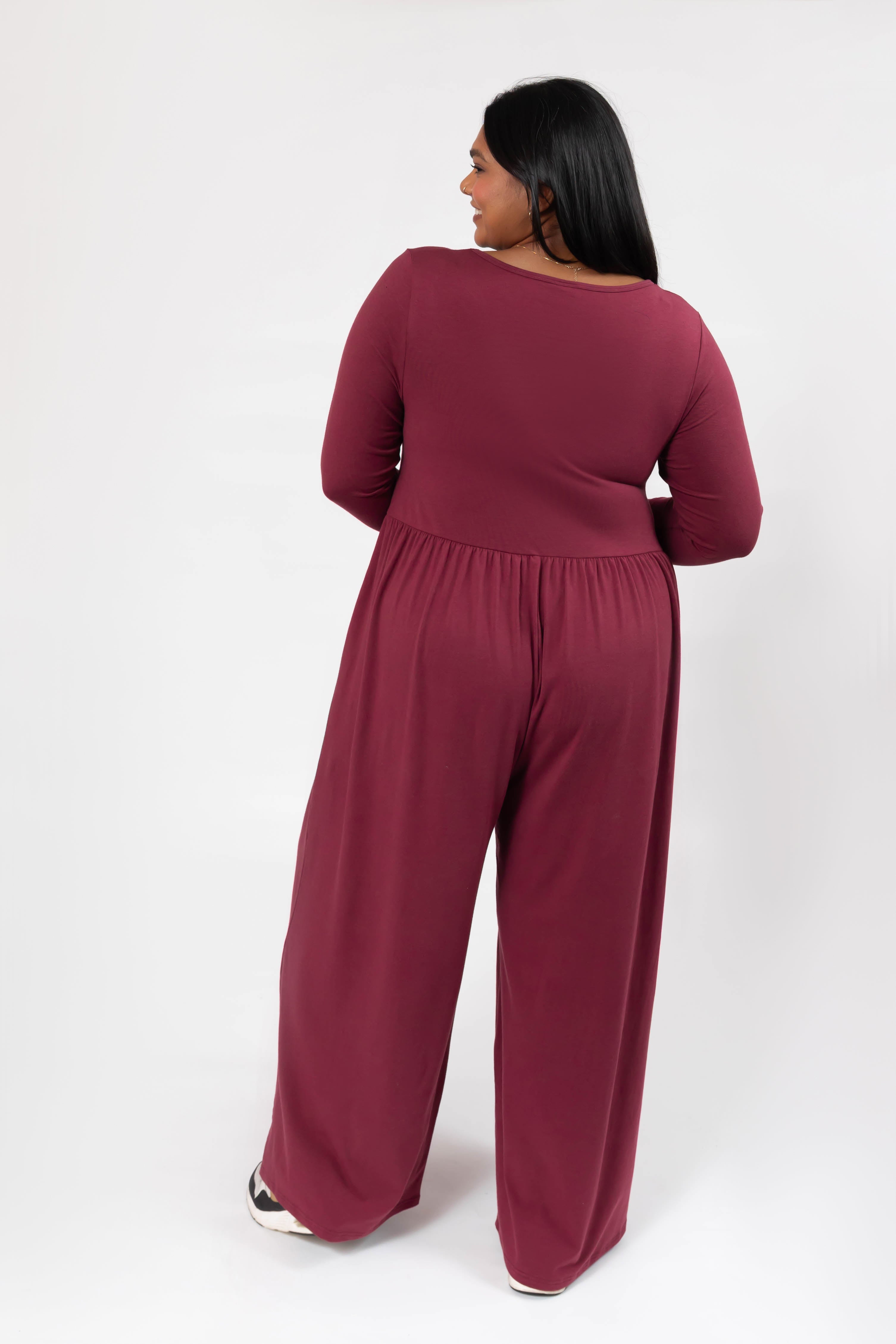 Camille Long Sleeve Wide Leg Romper in Dark Cranberry