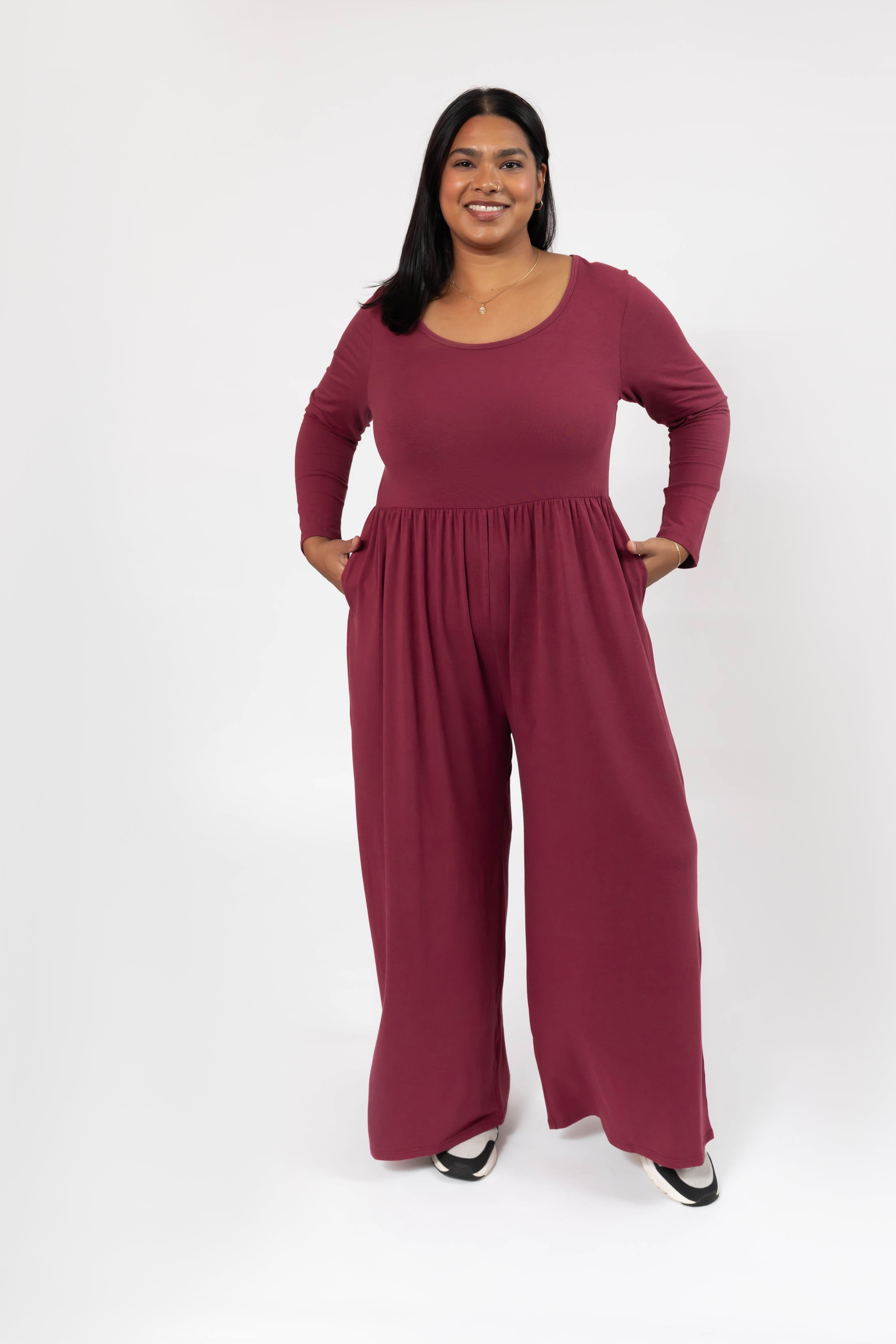Camille Long Sleeve Wide Leg Romper in Dark Cranberry