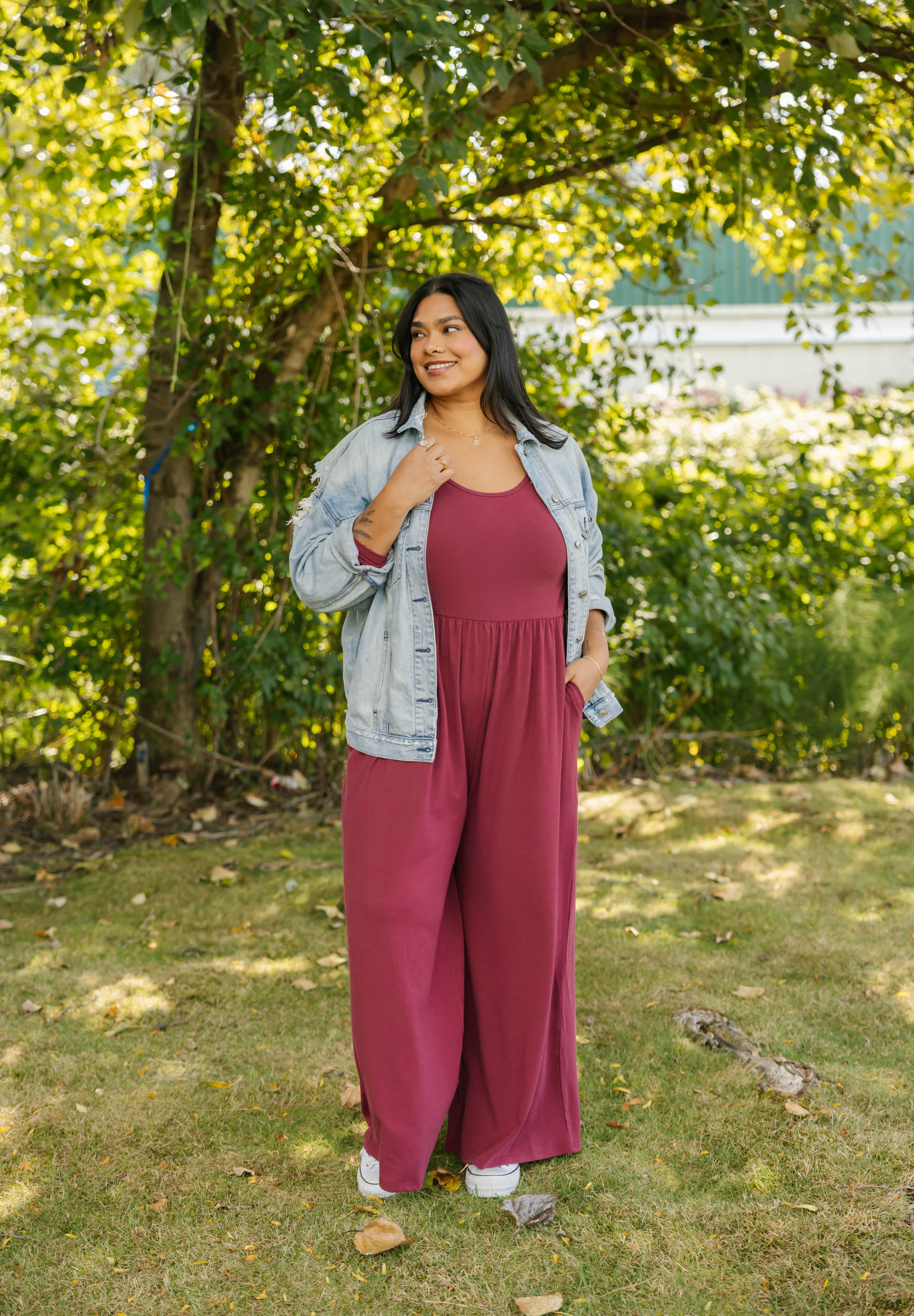 Camille Long Sleeve Wide Leg Romper in Dark Cranberry